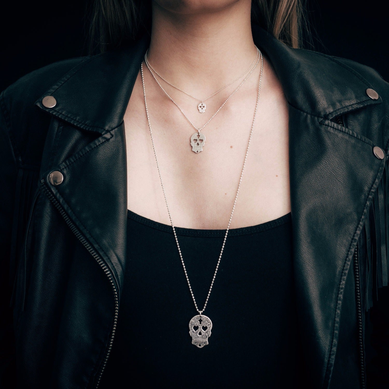 Medium Silver Sugar Skull With Heart Eyes Pendant Necklace