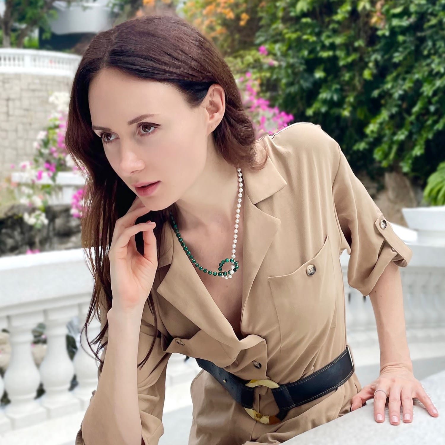 Malachite Stones With Freshwater Pearl Knotted Choker