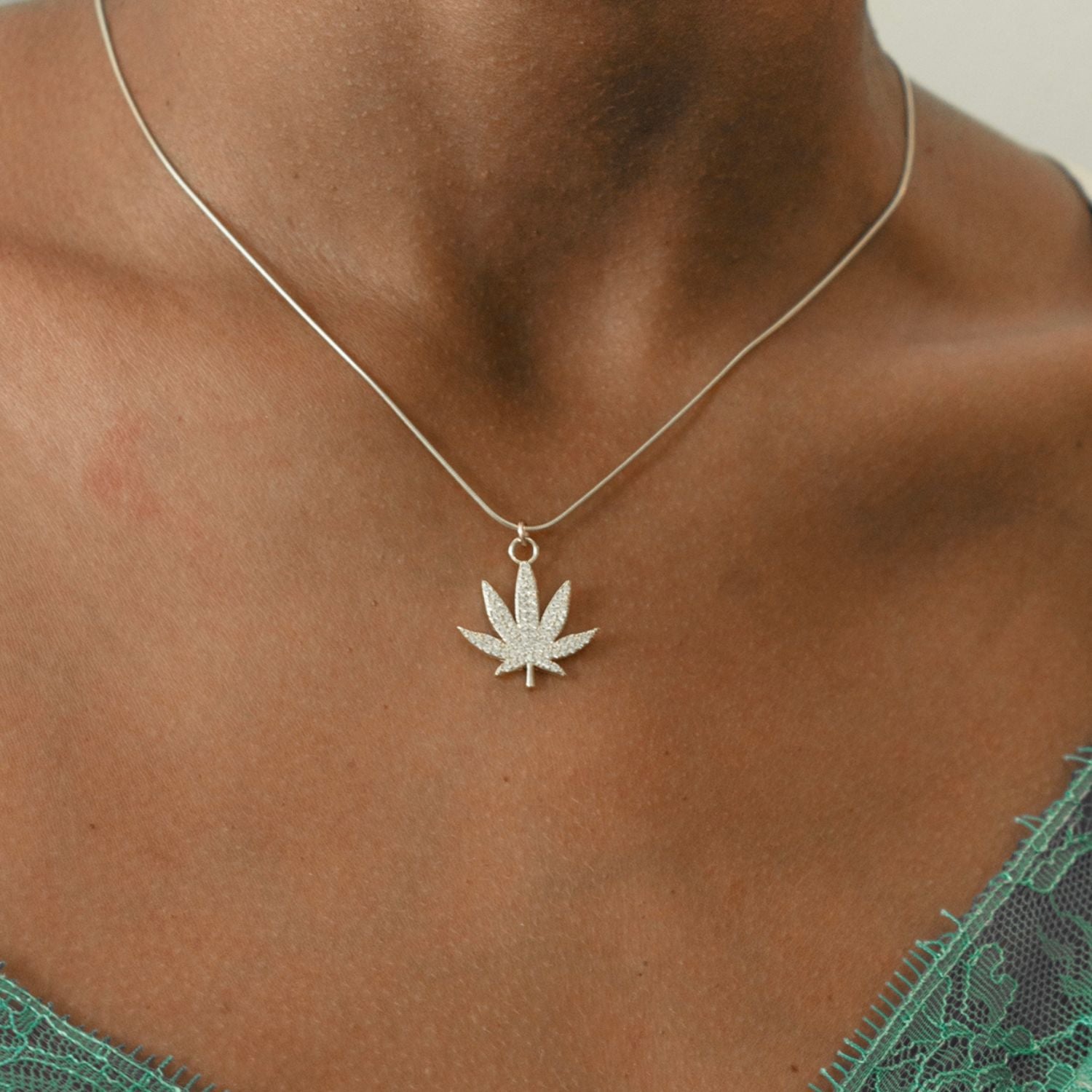 M.j. Leaf Pave Necklace White Rhodium Over Sterling Silver