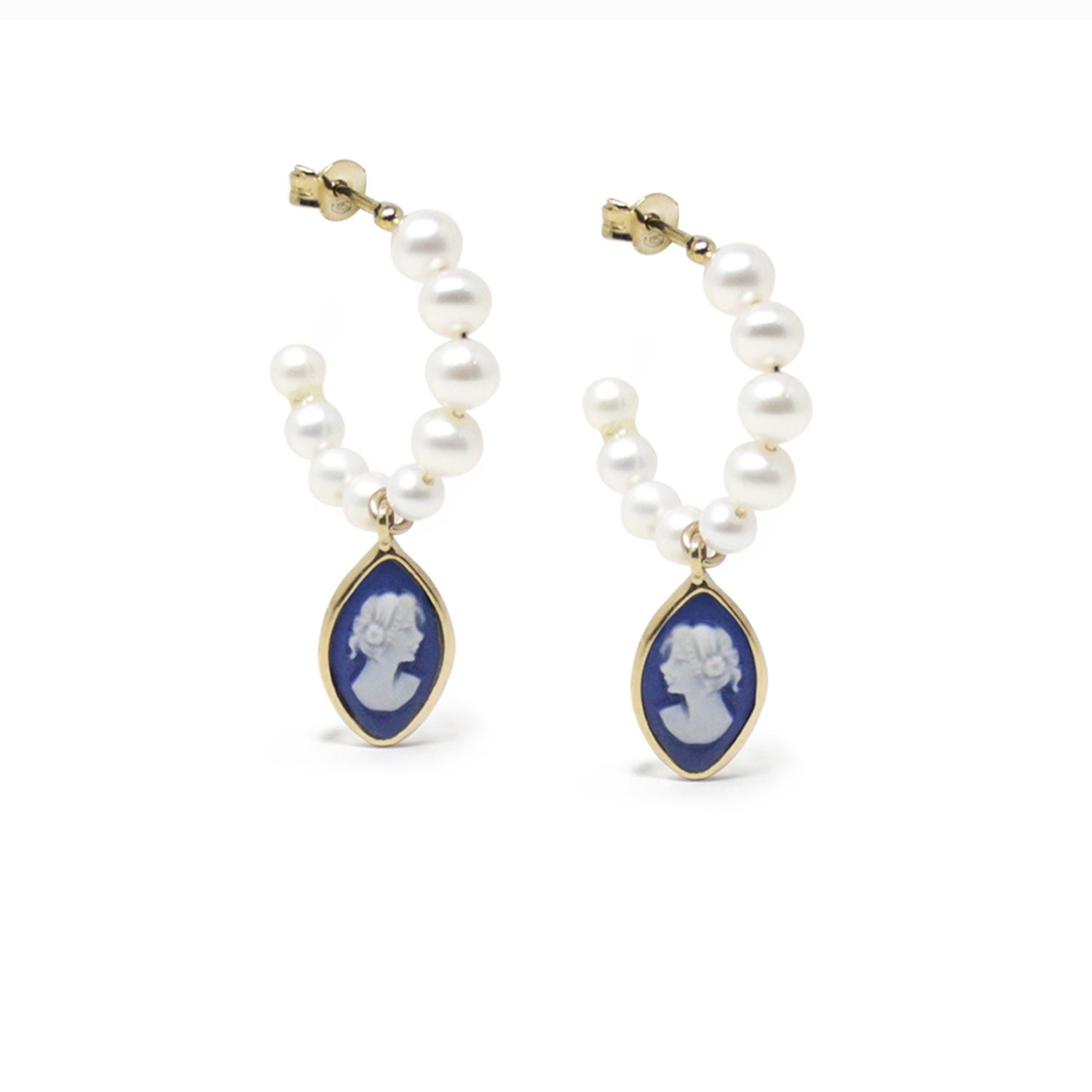 April Gold-Plated Pearl And Blue Cameo Hoop Earrings