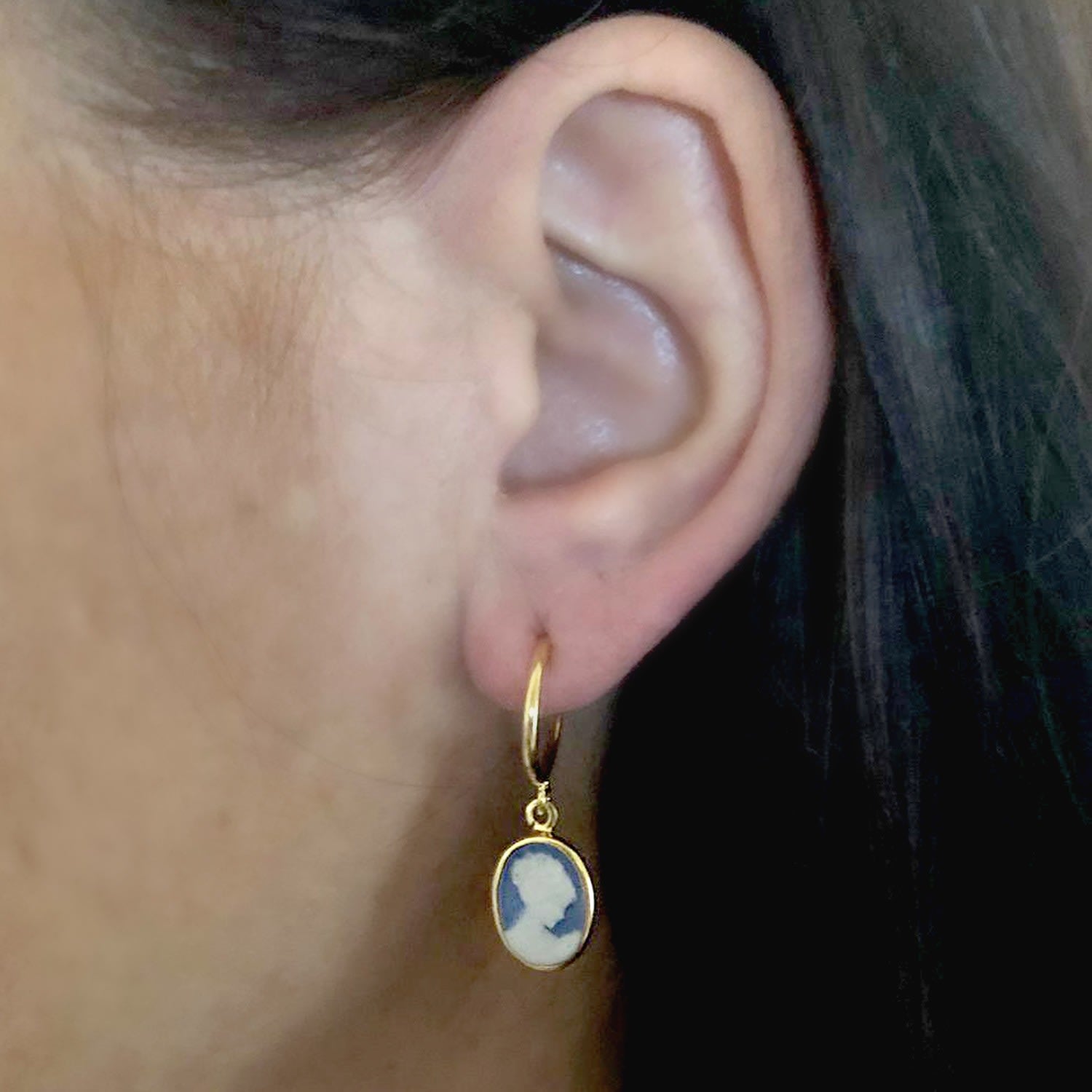 Gold-Plated Blue Mini Cameo Hoop Earrings