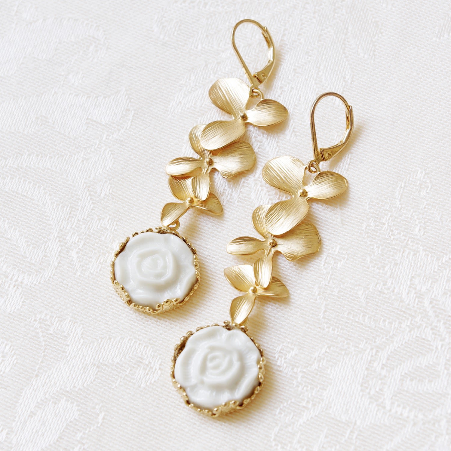 Porcelain Moonlight Rose & Triple Leaves Drop Earrings