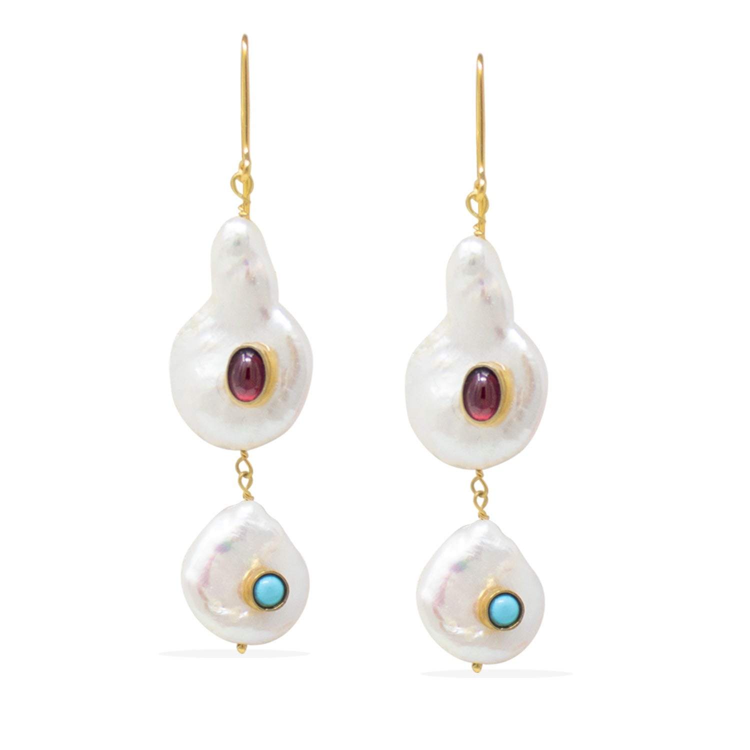 Aphrodite Gold Vermeil Pearl, Rhodolite & Turquoise Earrings