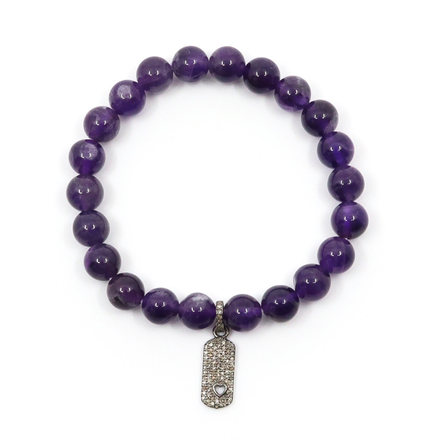 Amethyst Diamond Tag Heart Charm Beaded Bracelet