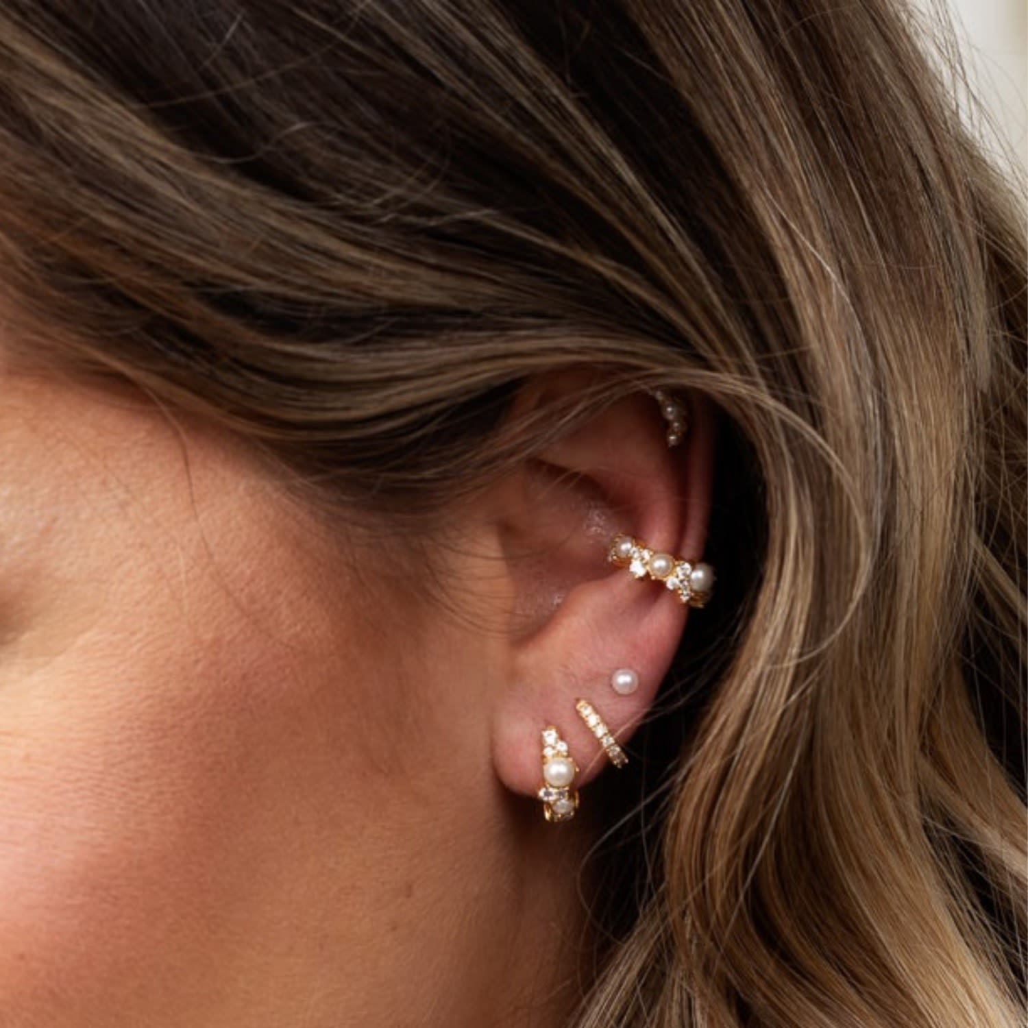 Gold Pearl Huggie Earrings