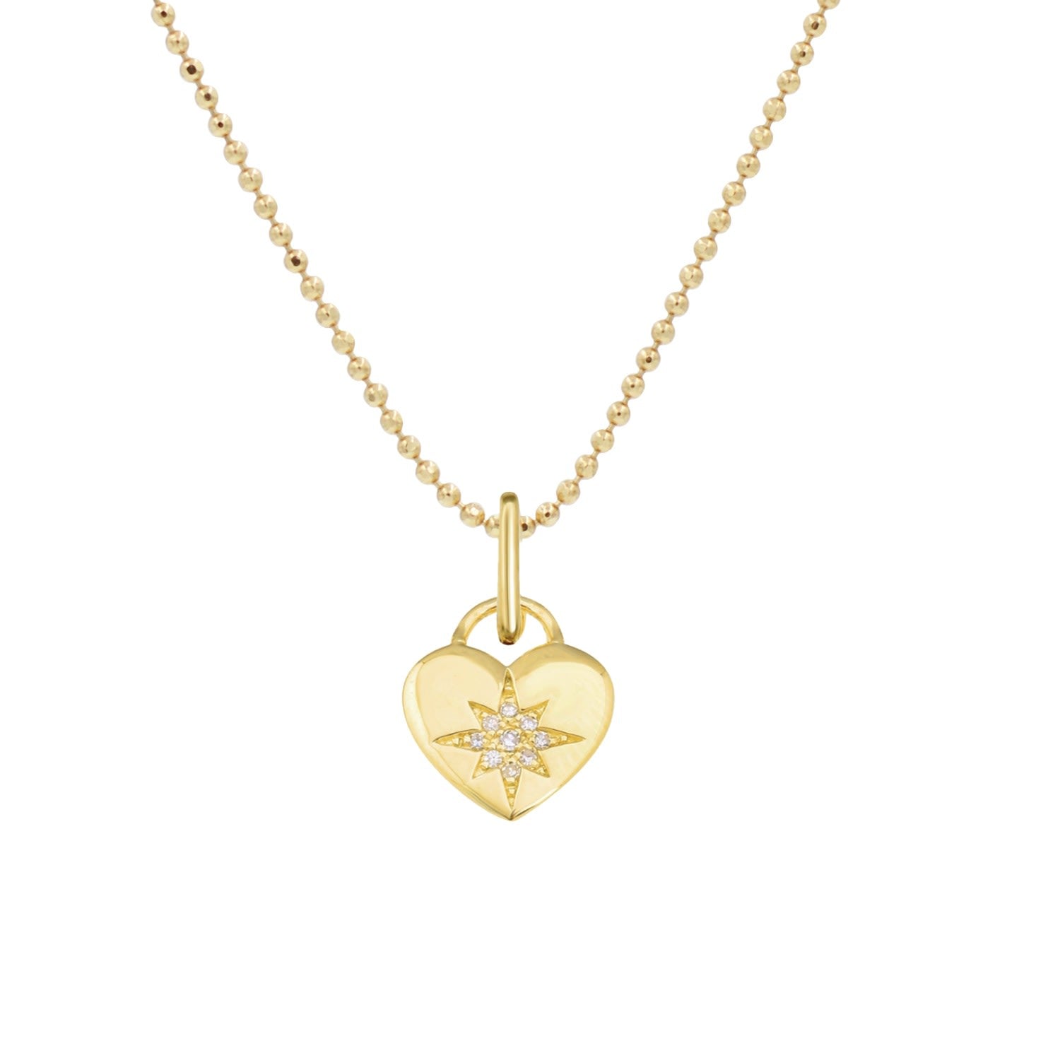 Heart North Star Necklace With Diamonds On 14K Ball Chain
