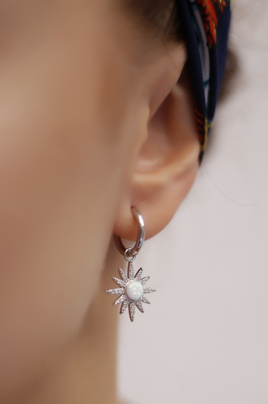 Drop Hoop Sun White Opal Earring Sterling Silver - Silver