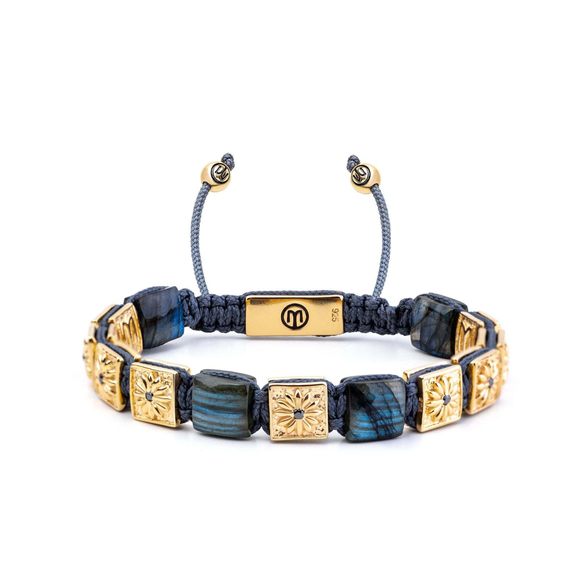 Macrame Bracelet In Gold With Labradorite & Dark Grey String - The Noble