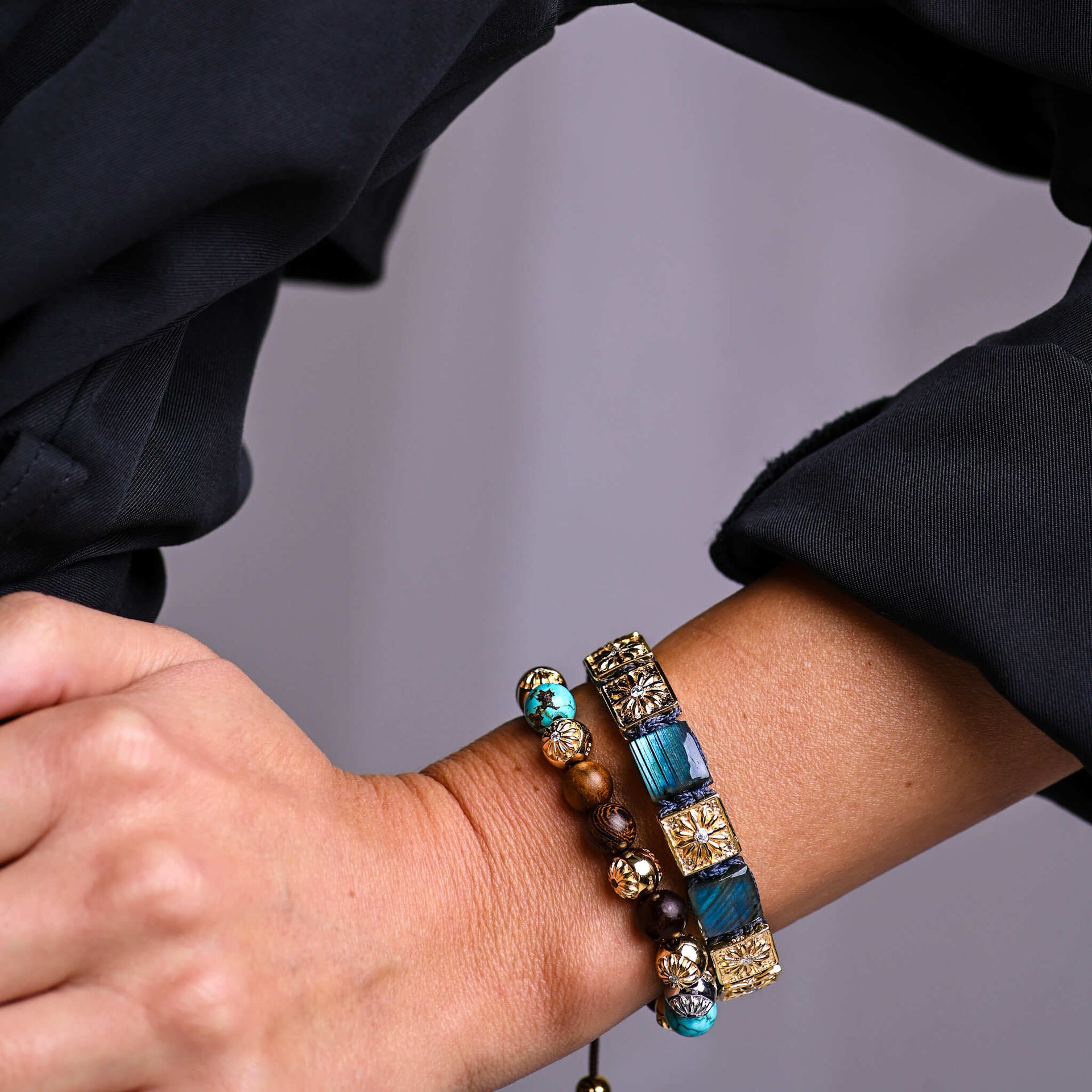 Beaded Bracelet With Ebony Wood, Sandalwood & Turquoise In Gold