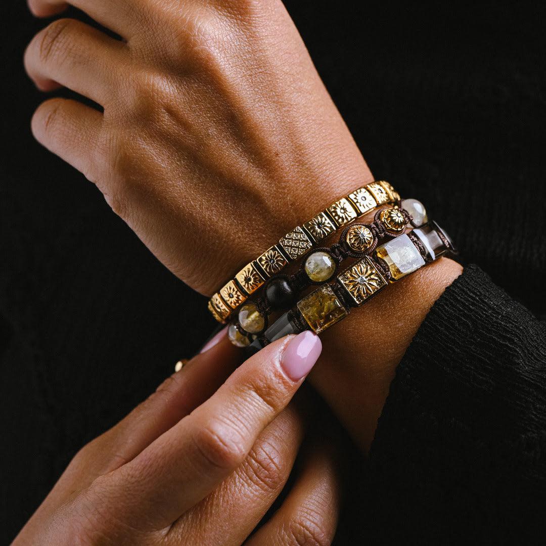 Macrame Bracelet In Gold With Smoky Quartz & Citrine