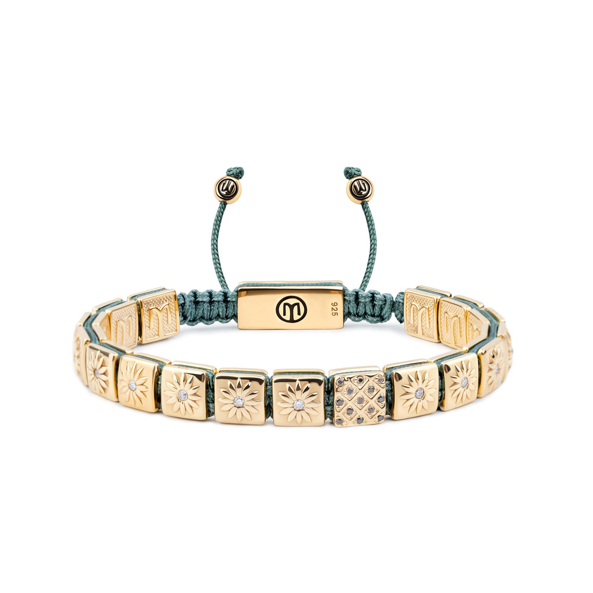 Macrame Bracelet With Moissanite & Dark Green String In Gold The - Sun Worshipper