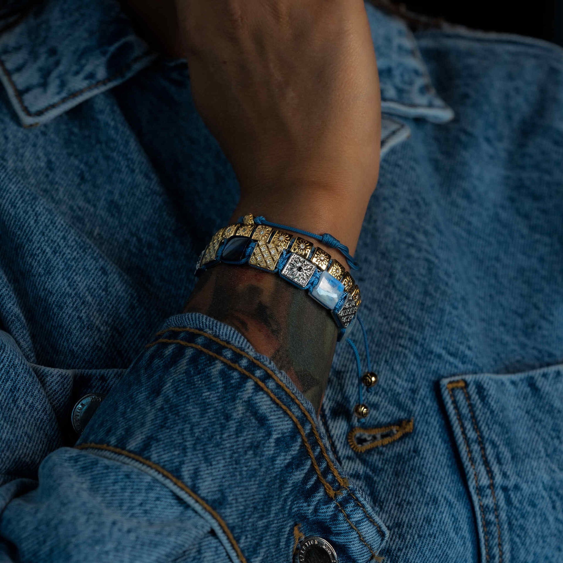 Macrame Bracelet With Moissanite & Sky Blue String In Gold - The Sun Worshipper