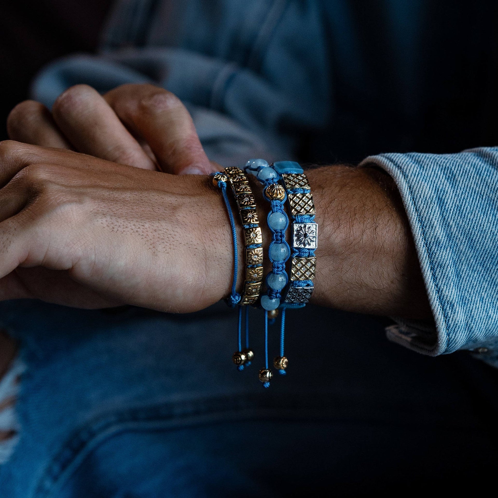 Sky Blue Macrame Bracelet With Aquamarine In Gold & Silver