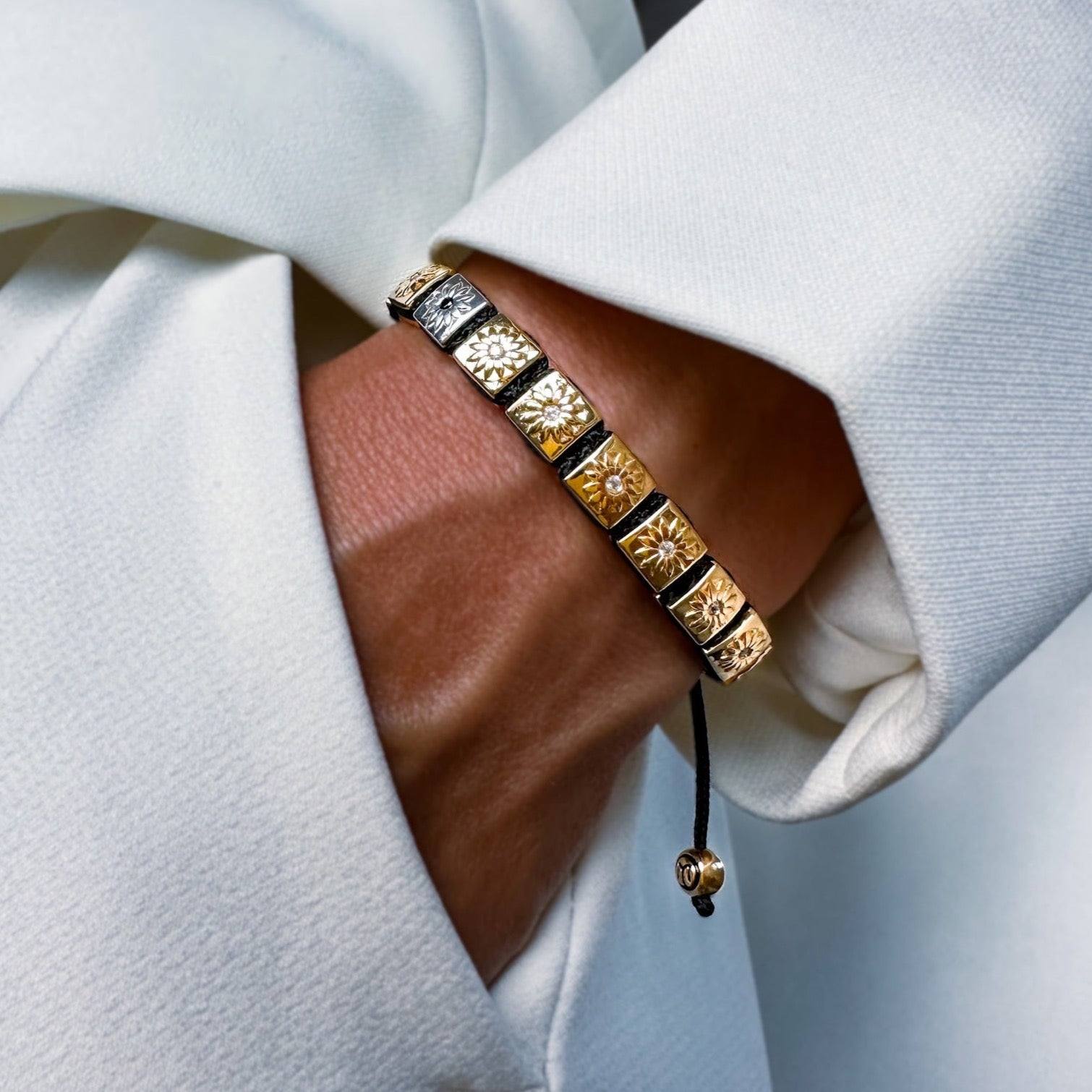 Macrame Bracelet With White Moissanite & Black String In Gold