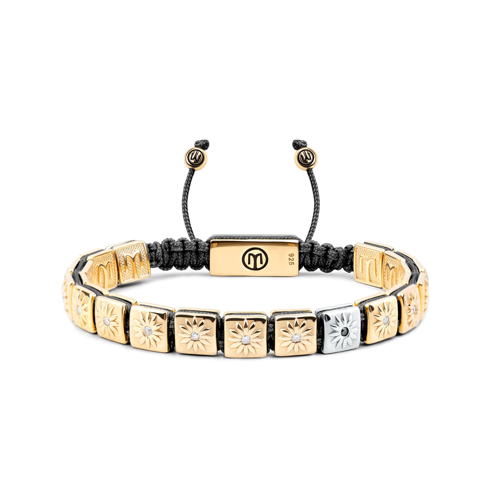 Macrame Bracelet With White Moissanite & Black String In Gold