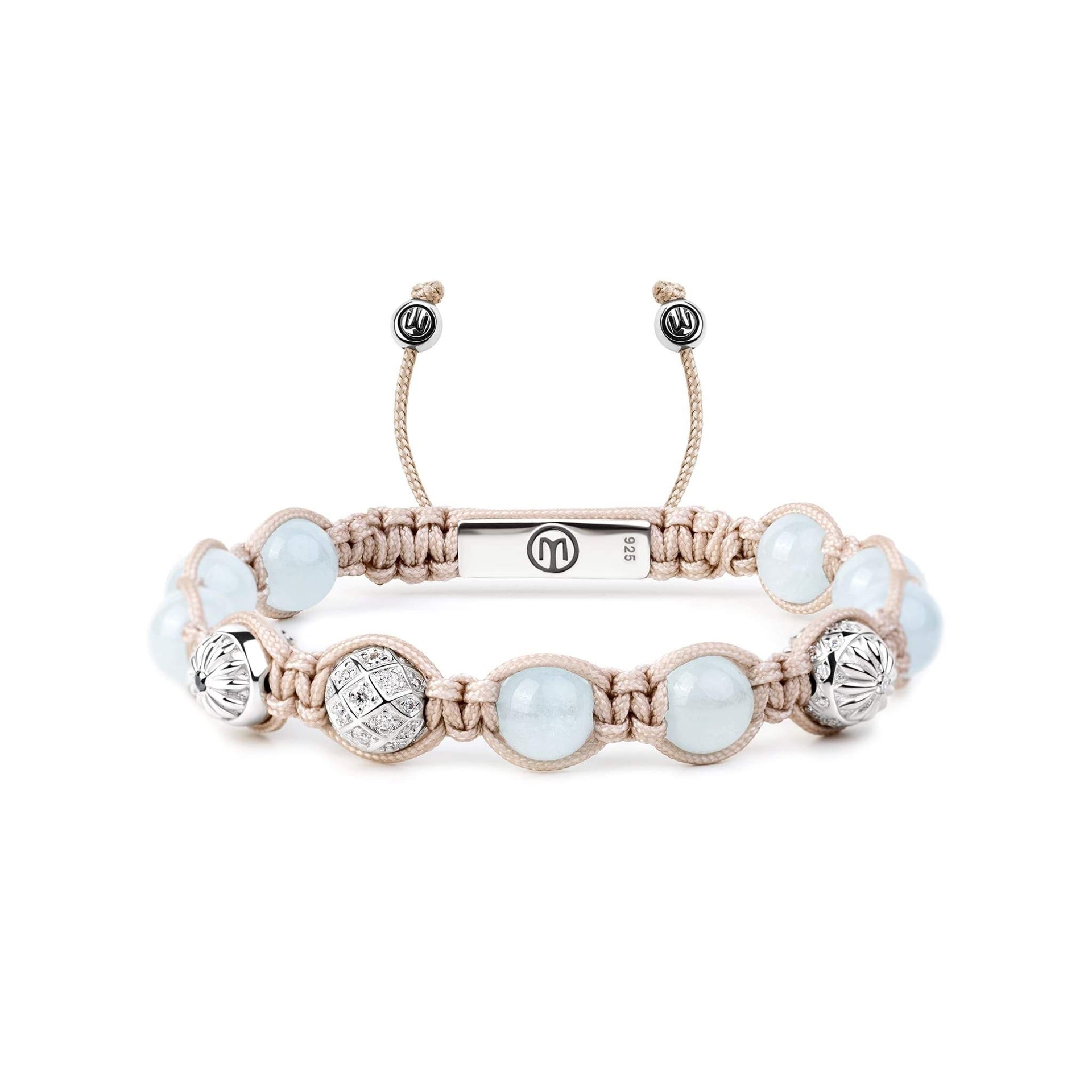 Macrame Braided Bracelet With Aquamarines & Light Beige String In Silver - The Maverick
