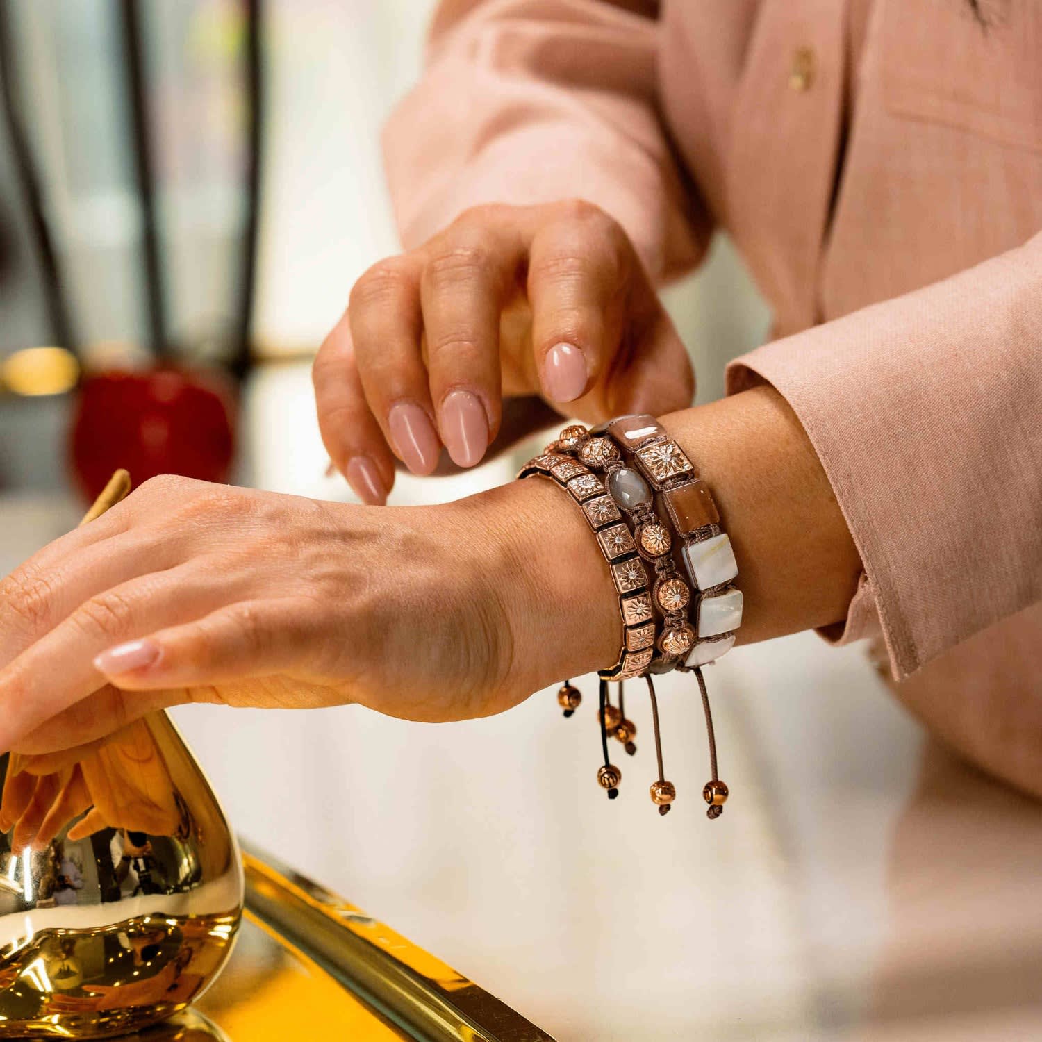 Mauve Macrame Bracelet With Mother Of Pearl & Peach Moonstone Flat Beads In Rose Gold