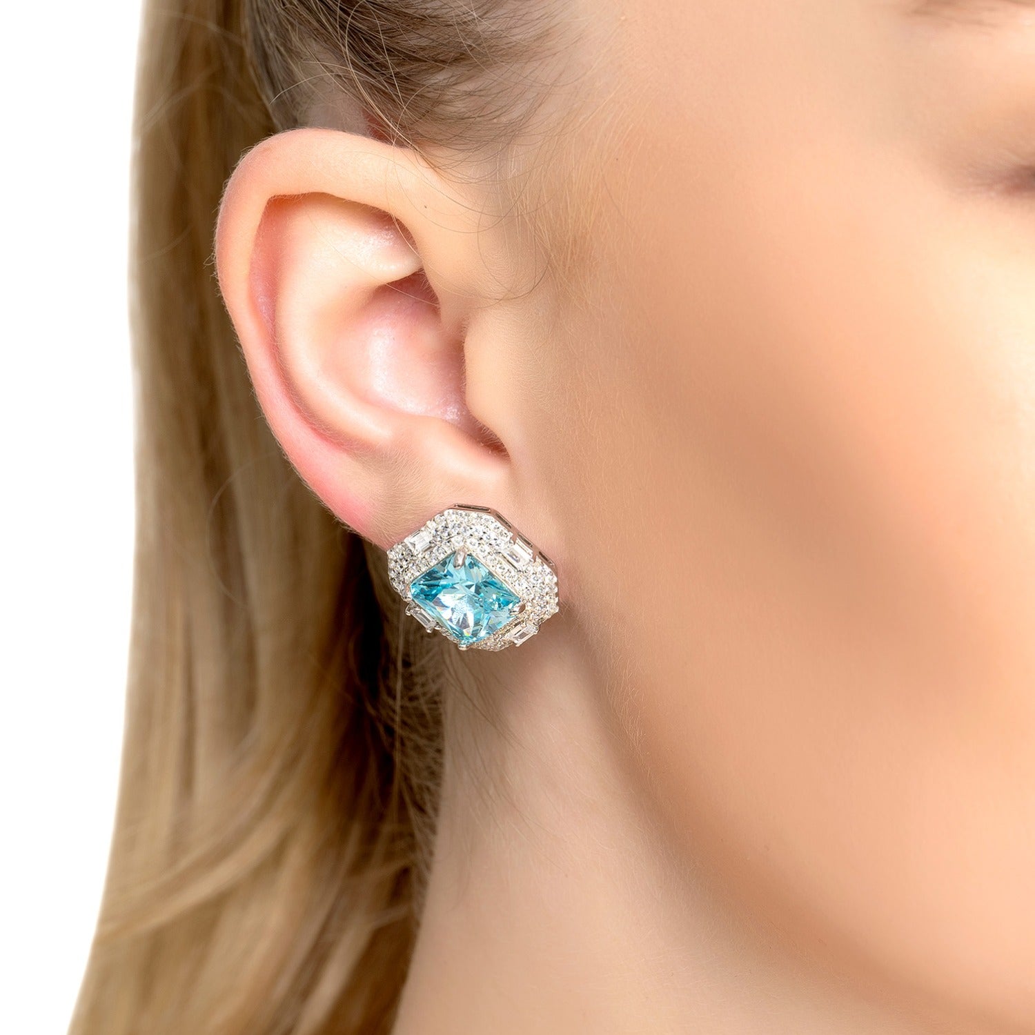 Madeleine Large Stud Earrings Silver Blue Topaz