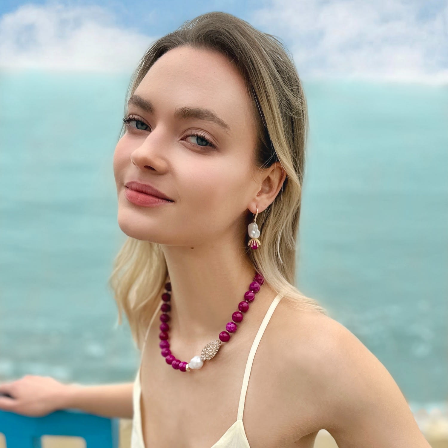 Magenta Gemstone With Baroque Pearl Pendant Statement Necklace