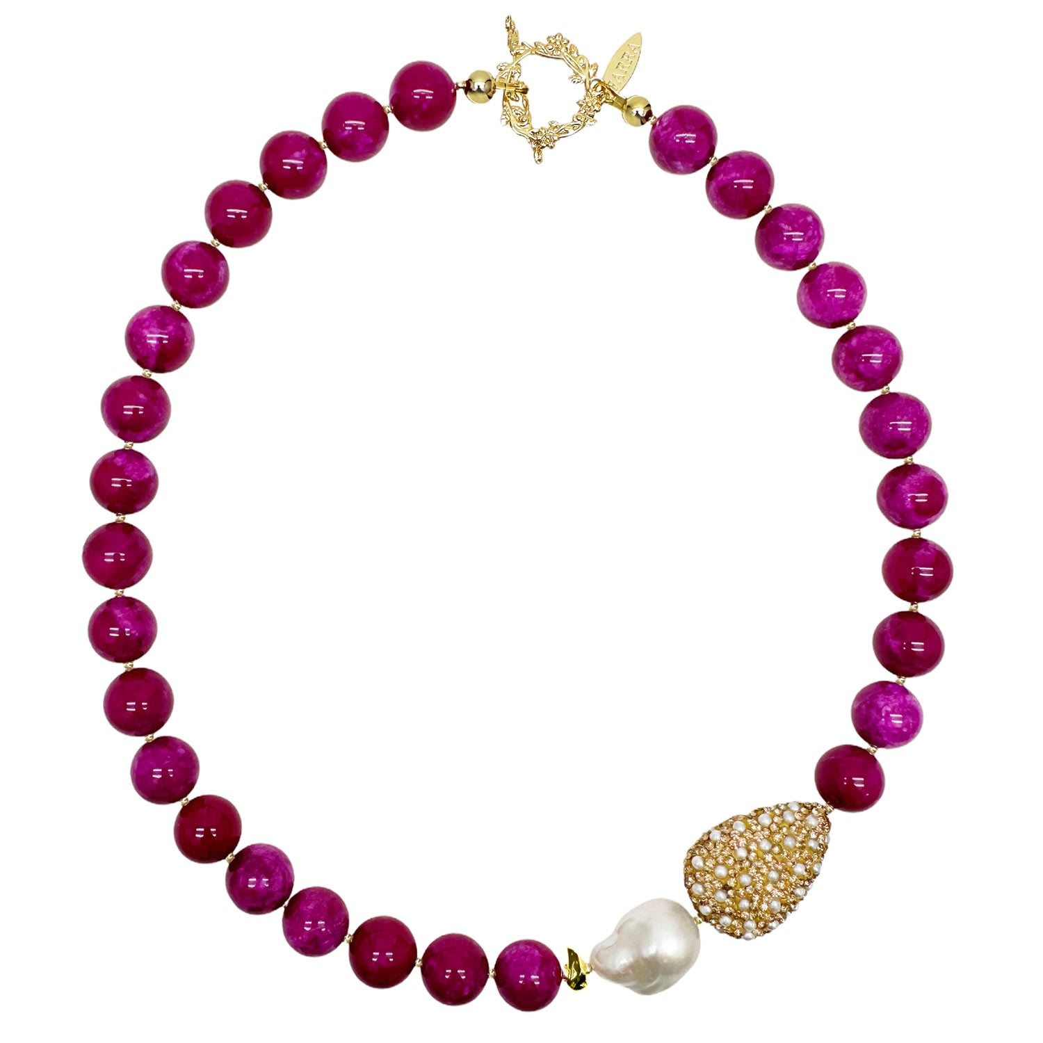 Magenta Gemstone With Baroque Pearl Pendant Statement Necklace