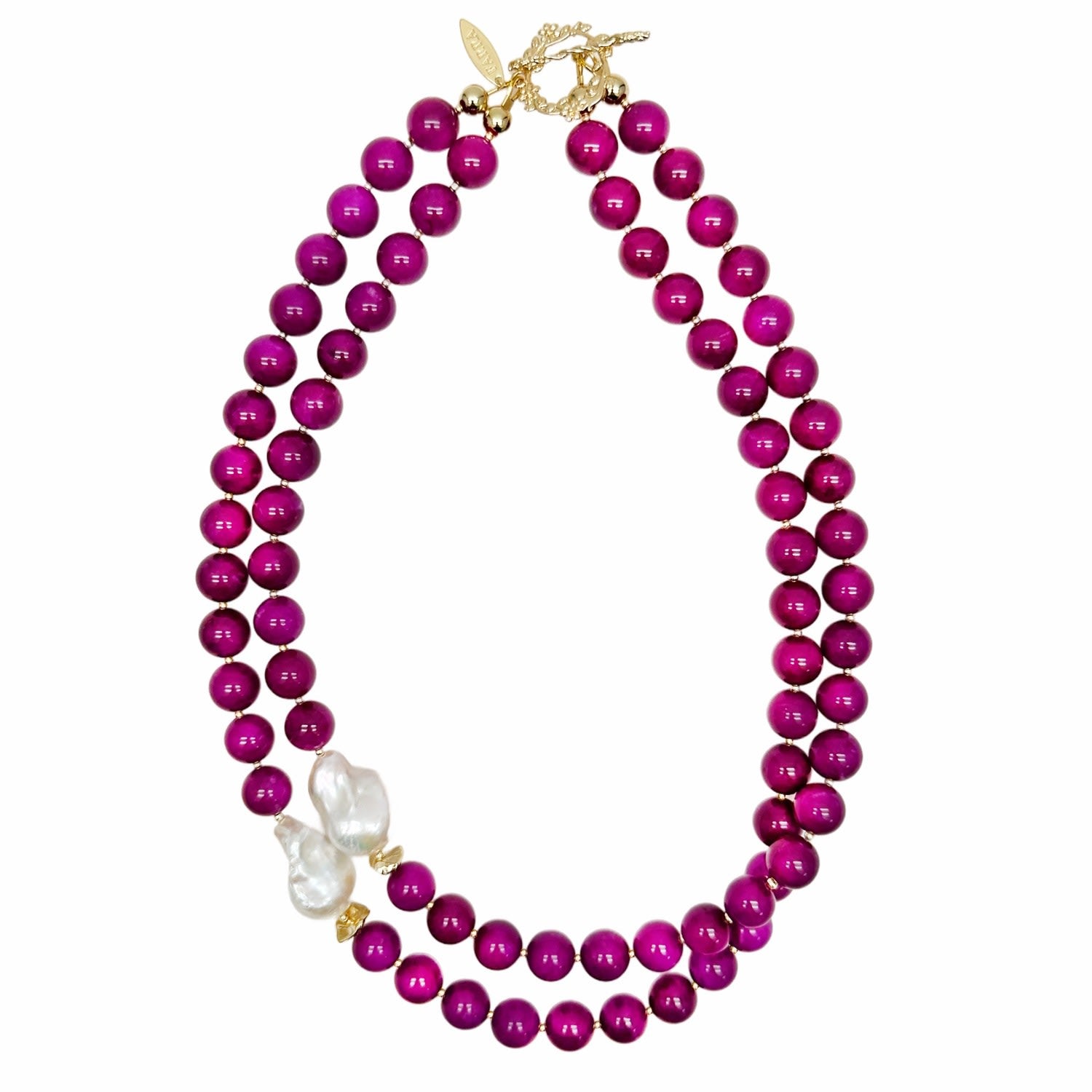 Magenta Gemstones With Baroque Pearls Double Layers Necklace