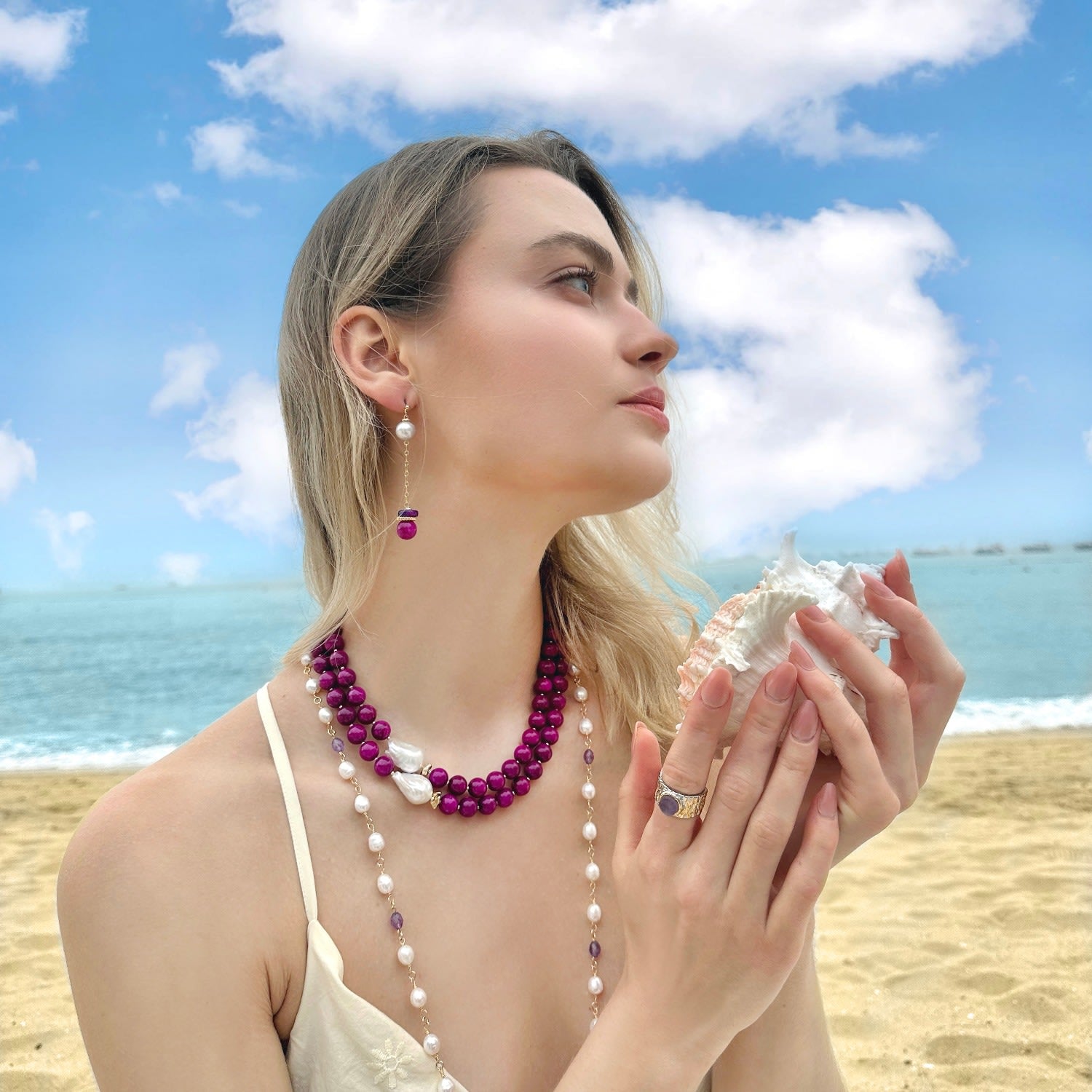 Magenta Gemstones With Baroque Pearls Double Layers Necklace