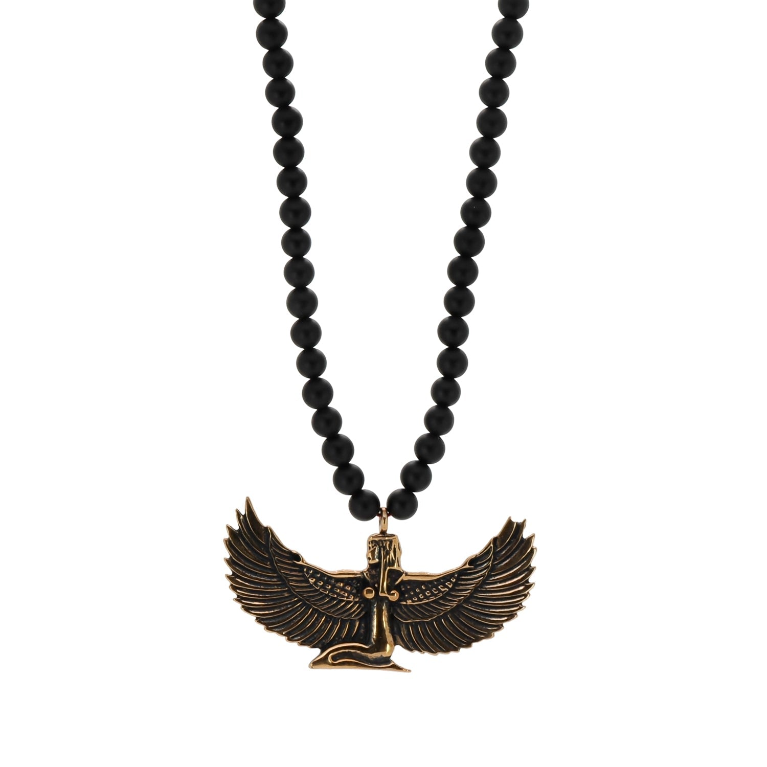 Magical Goddess Isis Pendant Onyx Stone Beaded Necklace - Black
