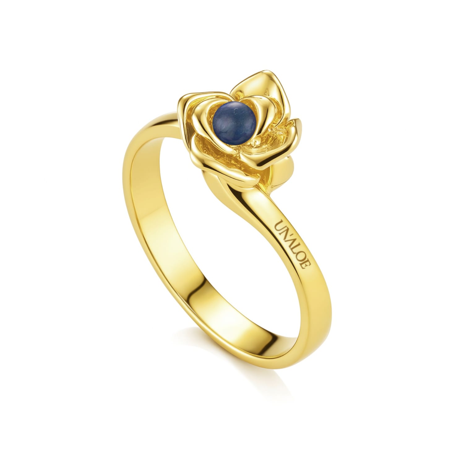 Magnificent Ring With Rose In Sterling Silver, Gold Vermeil Plated With Natural Sapphire Set