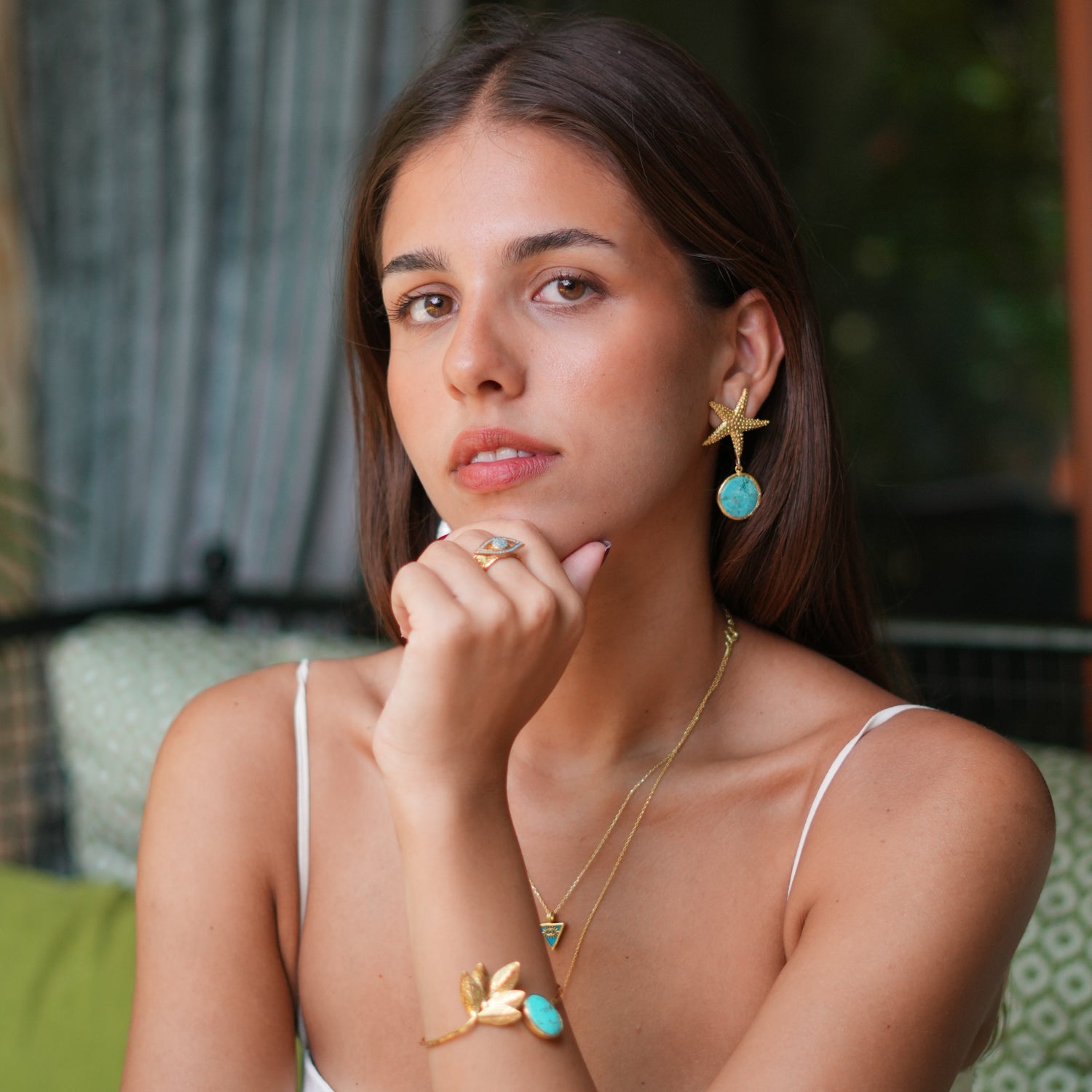 Gold Starfish Stud & Turquoise Stone Dangle Earrings - Turquoise