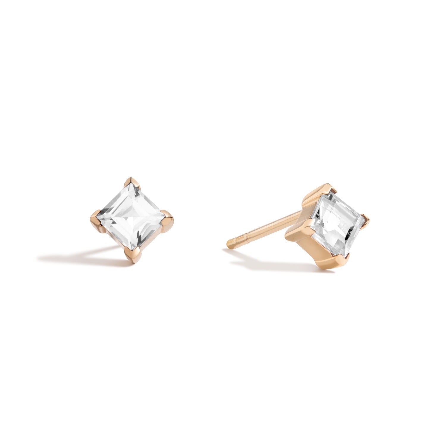 Make Believe Square Stud Earrings - 18K Gold Vermeil Square Stud Earrings With White Topaz Gemstones