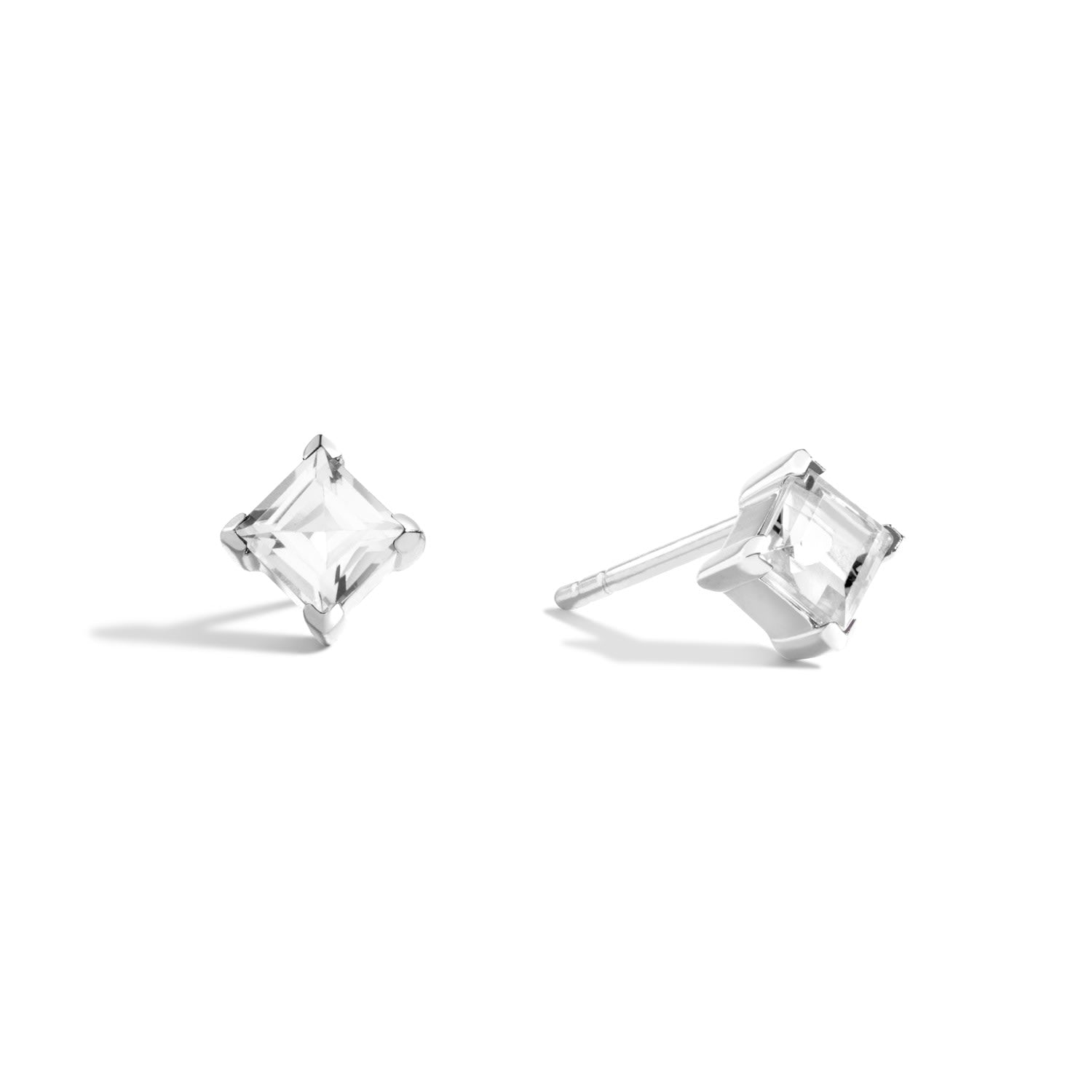 Make Believe Square Stud Earrings - Sterling Silver Square Stud Earrings With White Topaz Gemstones