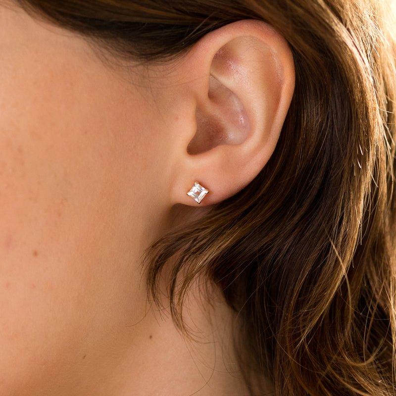Make Believe Square Stud Earrings - Sterling Silver Square Stud Earrings With White Topaz Gemstones