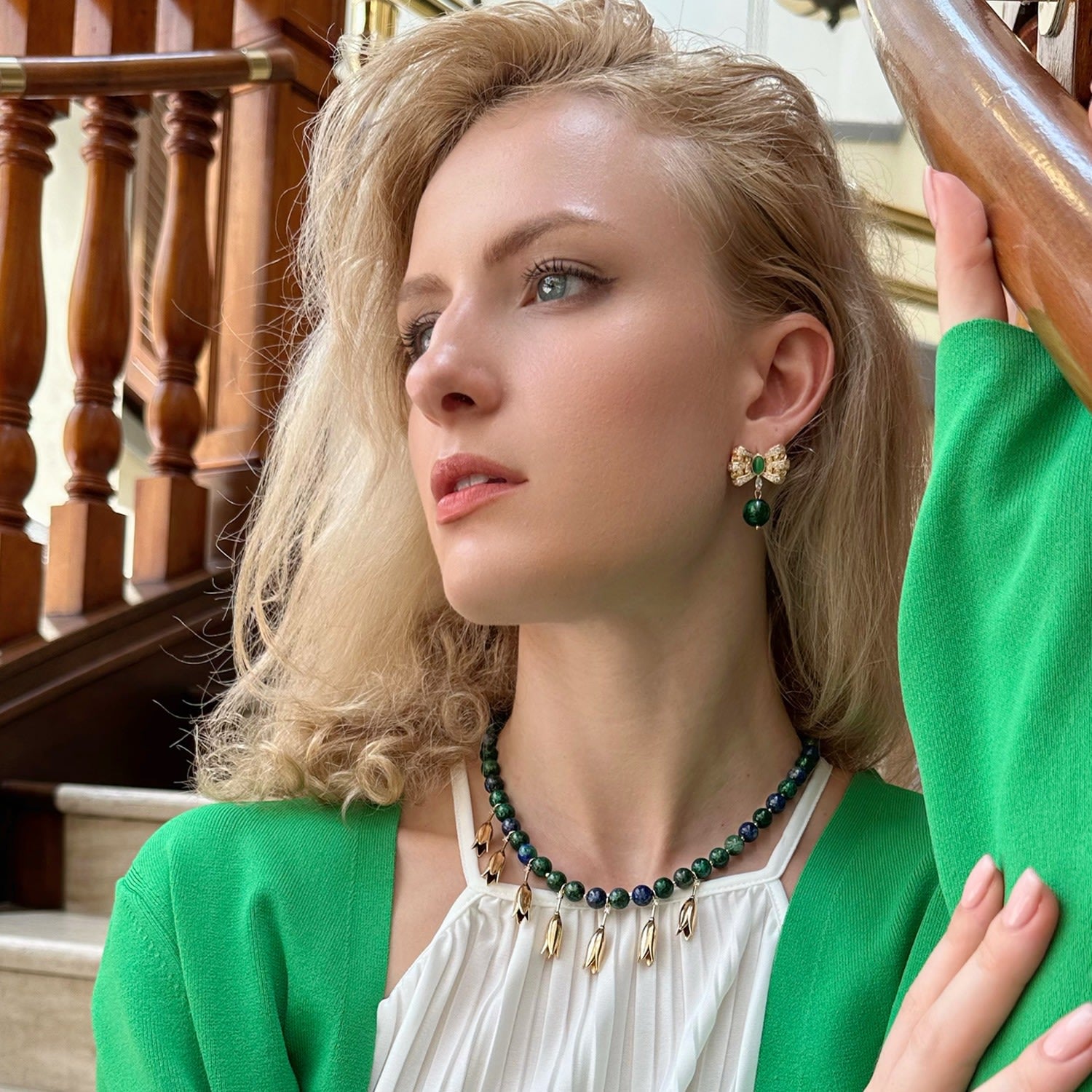 Butterfly Bow With Malachite Dangle Earrings