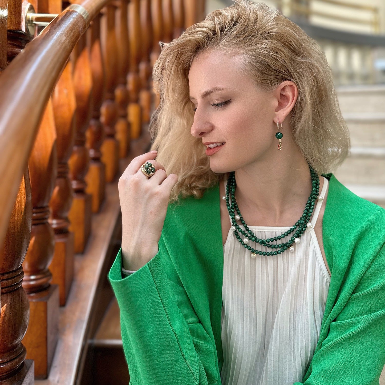 Malachite & Freshwater Pearls Triple Strands Necklace