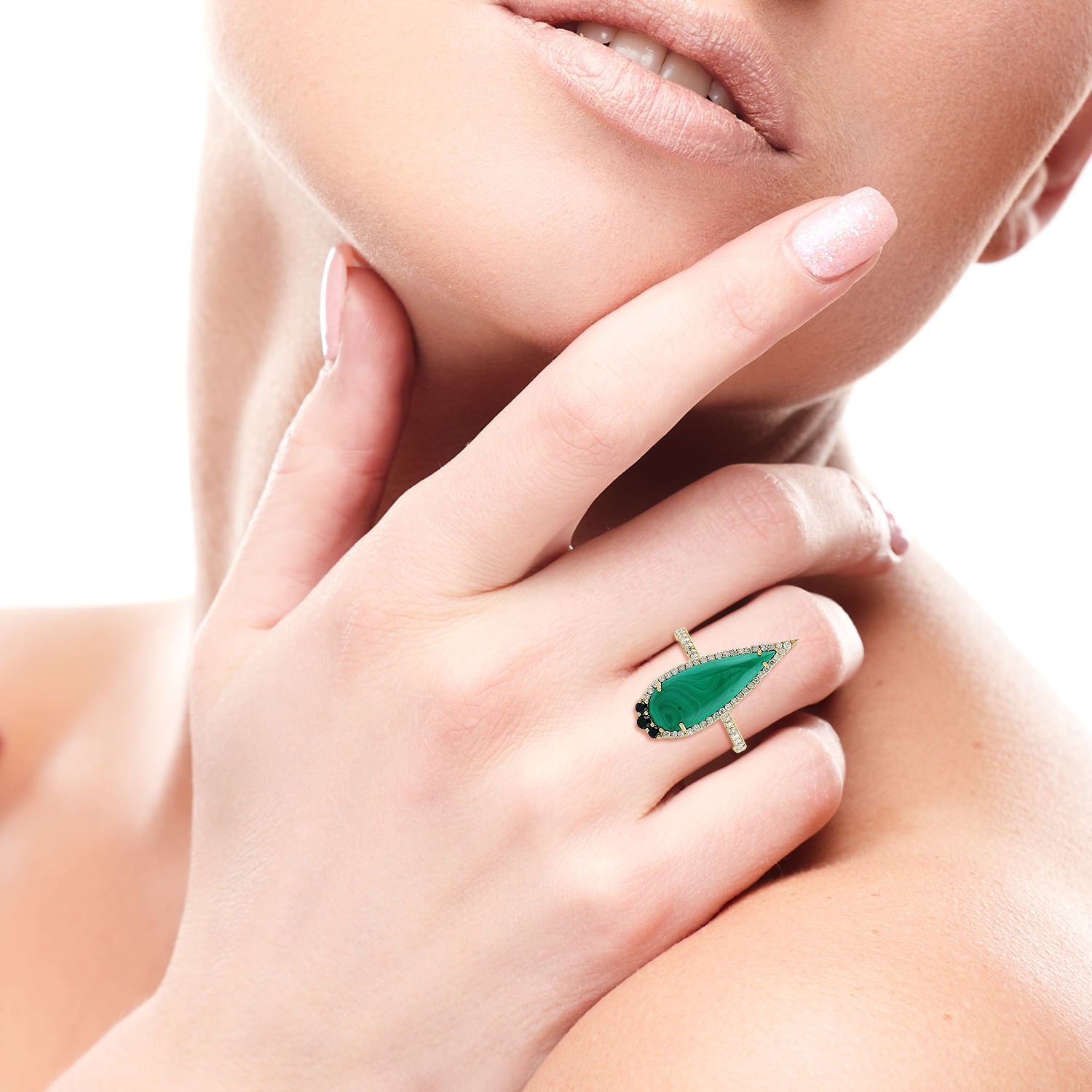 Teardrop Malachite & Diamond Statement Ring In Yellow Gold