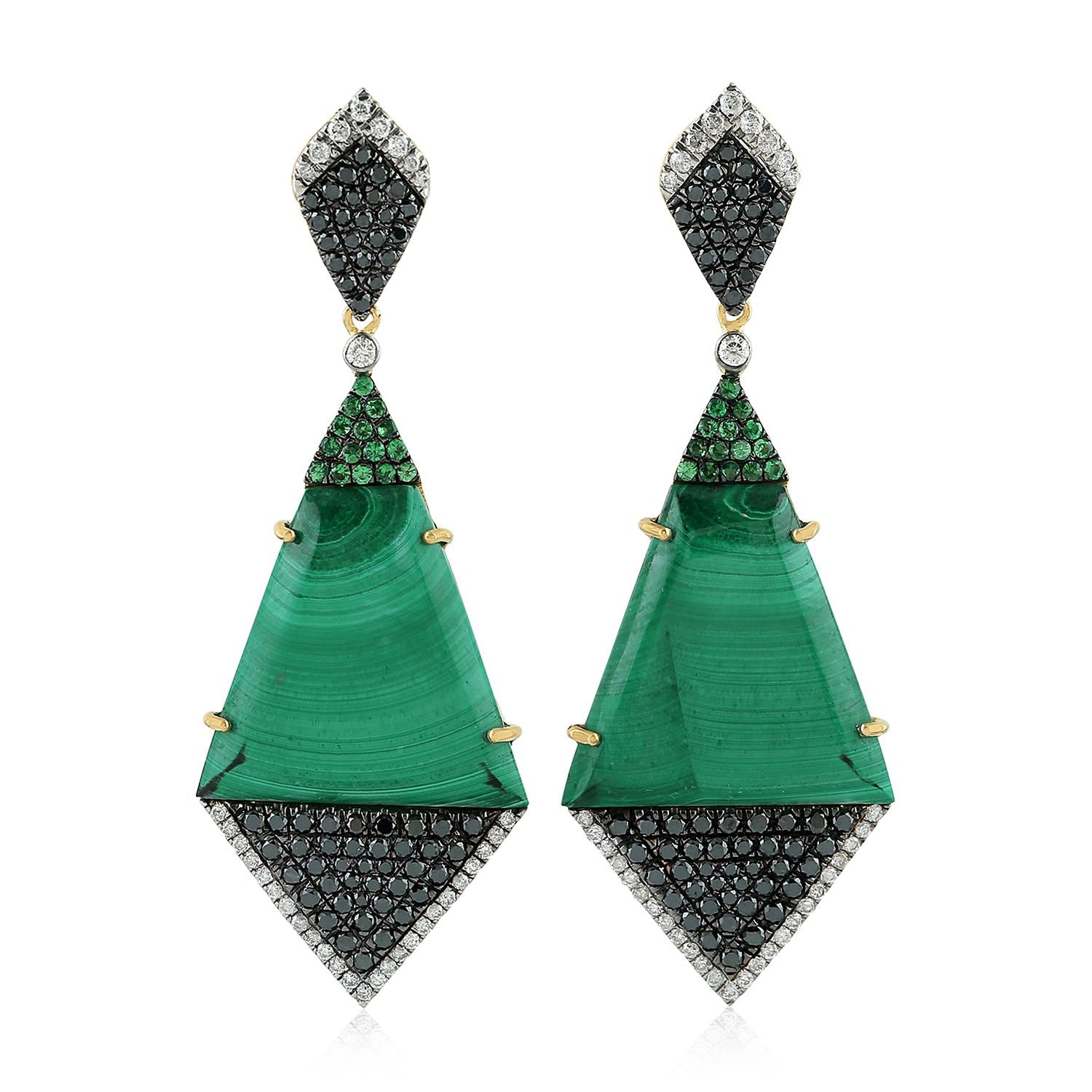 18K Gold Gemstone Dangle Earrings – Malachite, Tsavorite & Diamonds