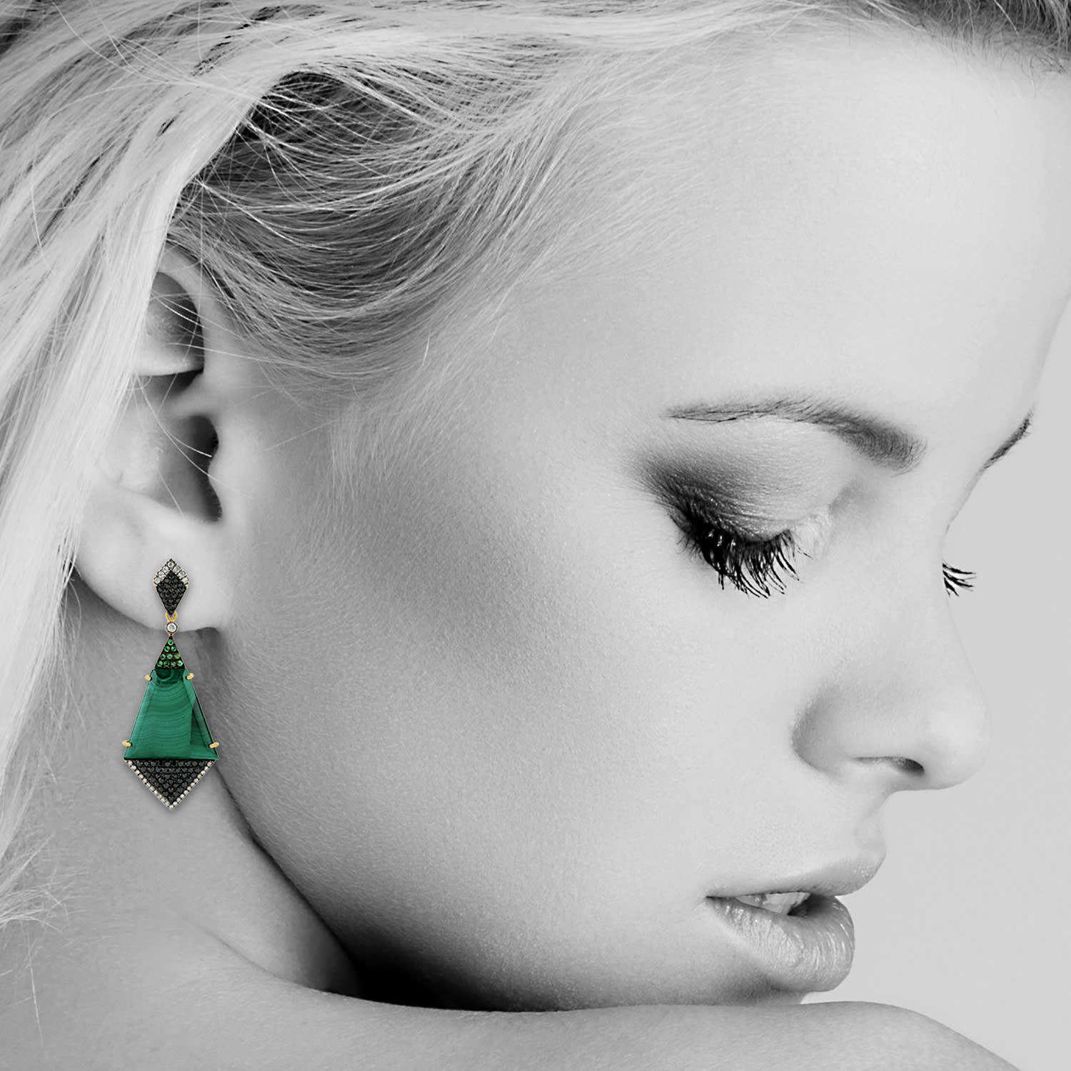 18K Gold Gemstone Dangle Earrings – Malachite, Tsavorite & Diamonds