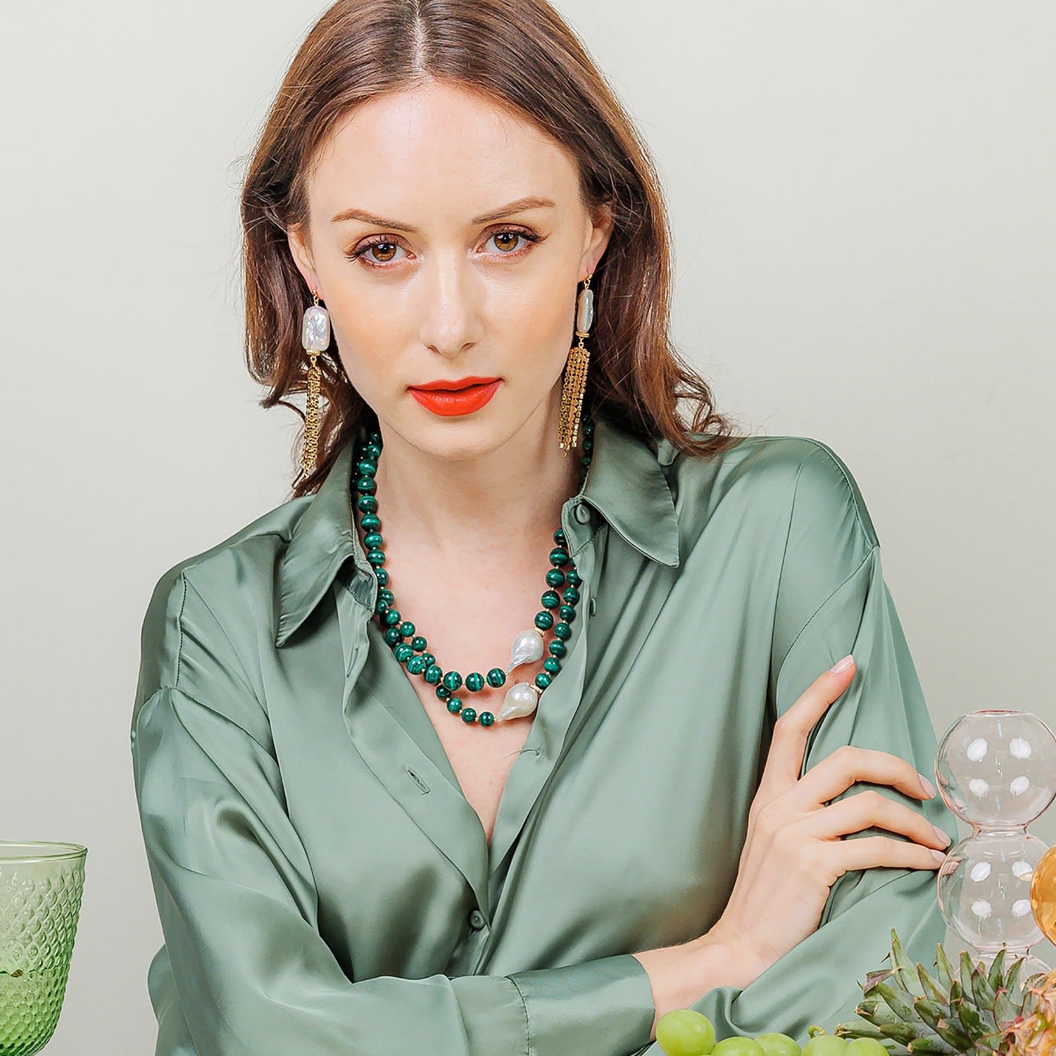 Malachite With Baroque Pearls Double Strands Necklace