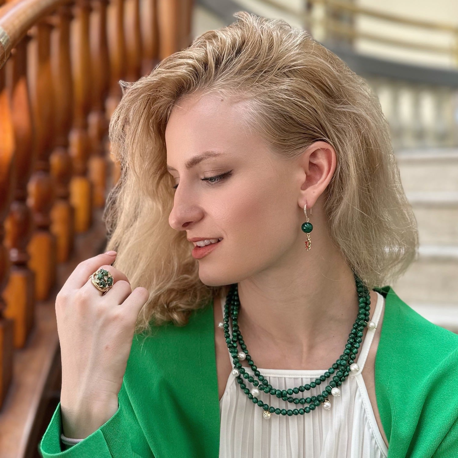 Malachite With X'mas Flower Dangle Earrings
