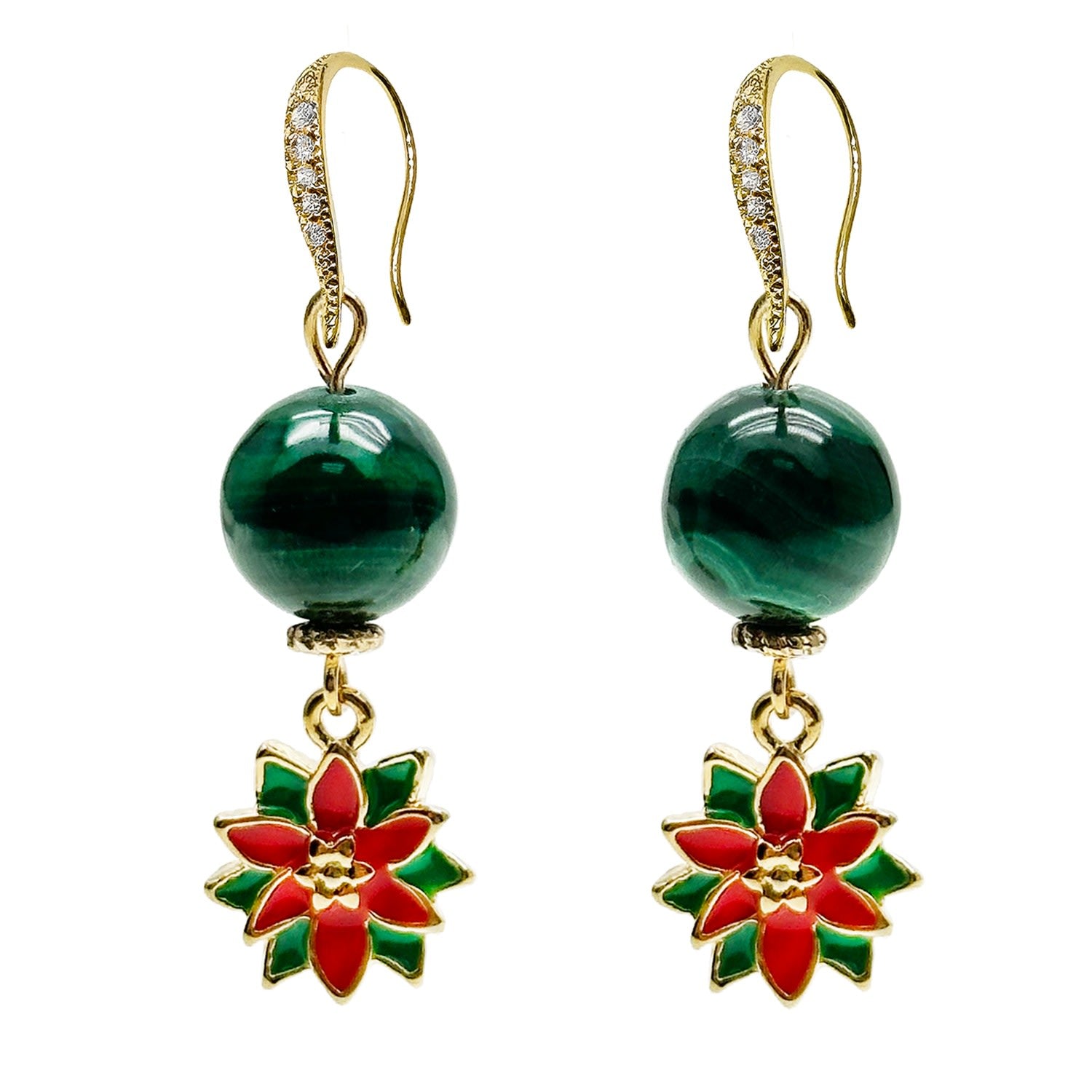 Malachite With X'mas Flower Dangle Earrings