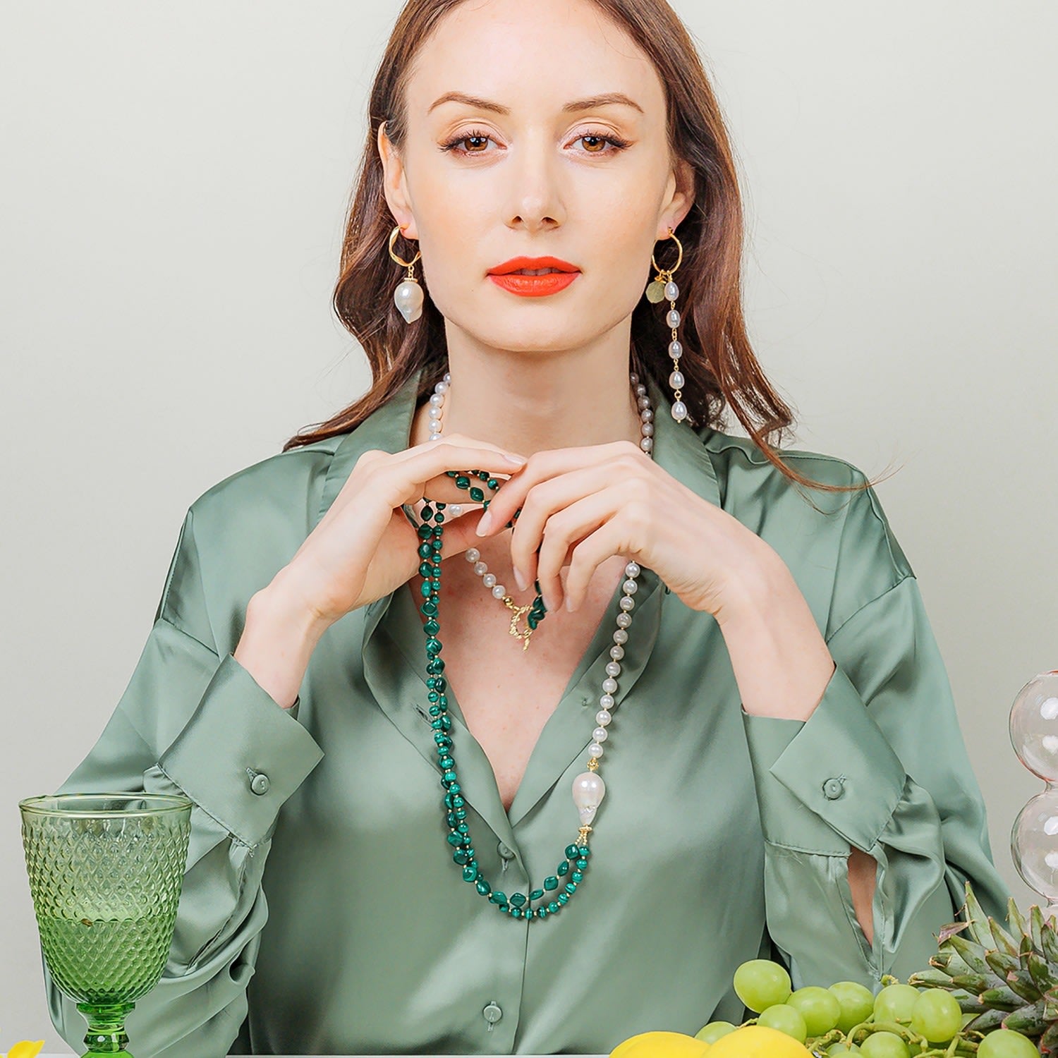 Malachites With Freshwater Pearls Multi Strands Necklace