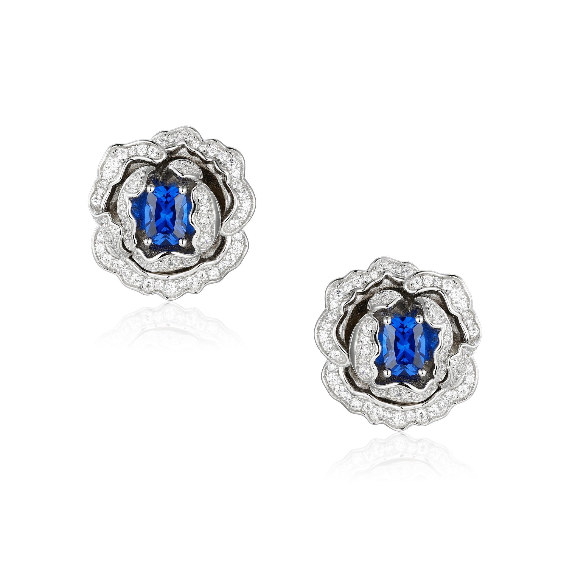 Marchioness Flower-Motif Silver Earrings With Blue Crystal