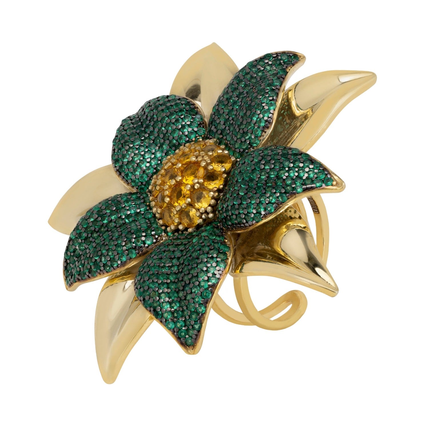 Marguerite Daisy Flower Cocktail Ring Emerald Gold