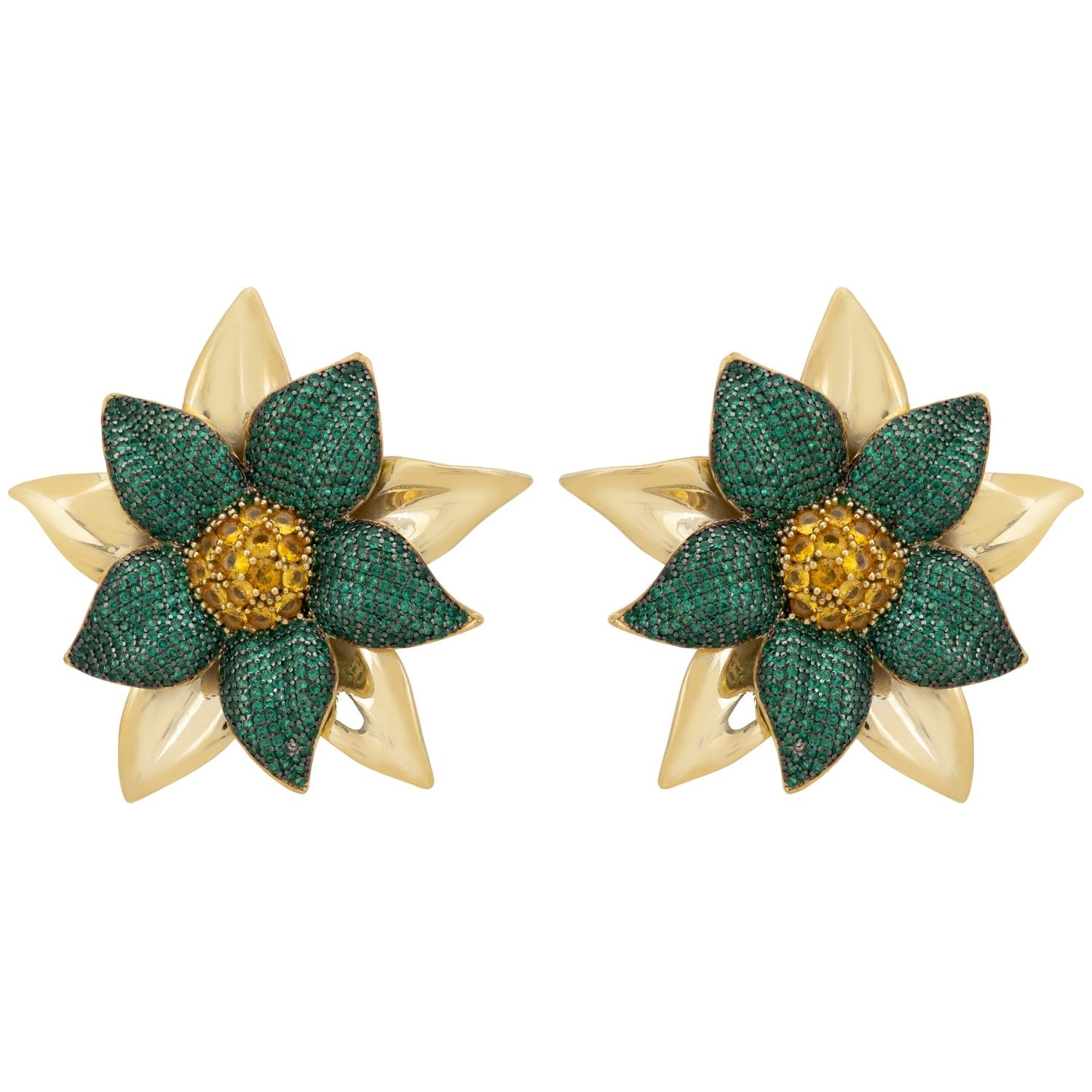 Marguerite Daisy Flower Large Stud Earrings Emerald Gold
