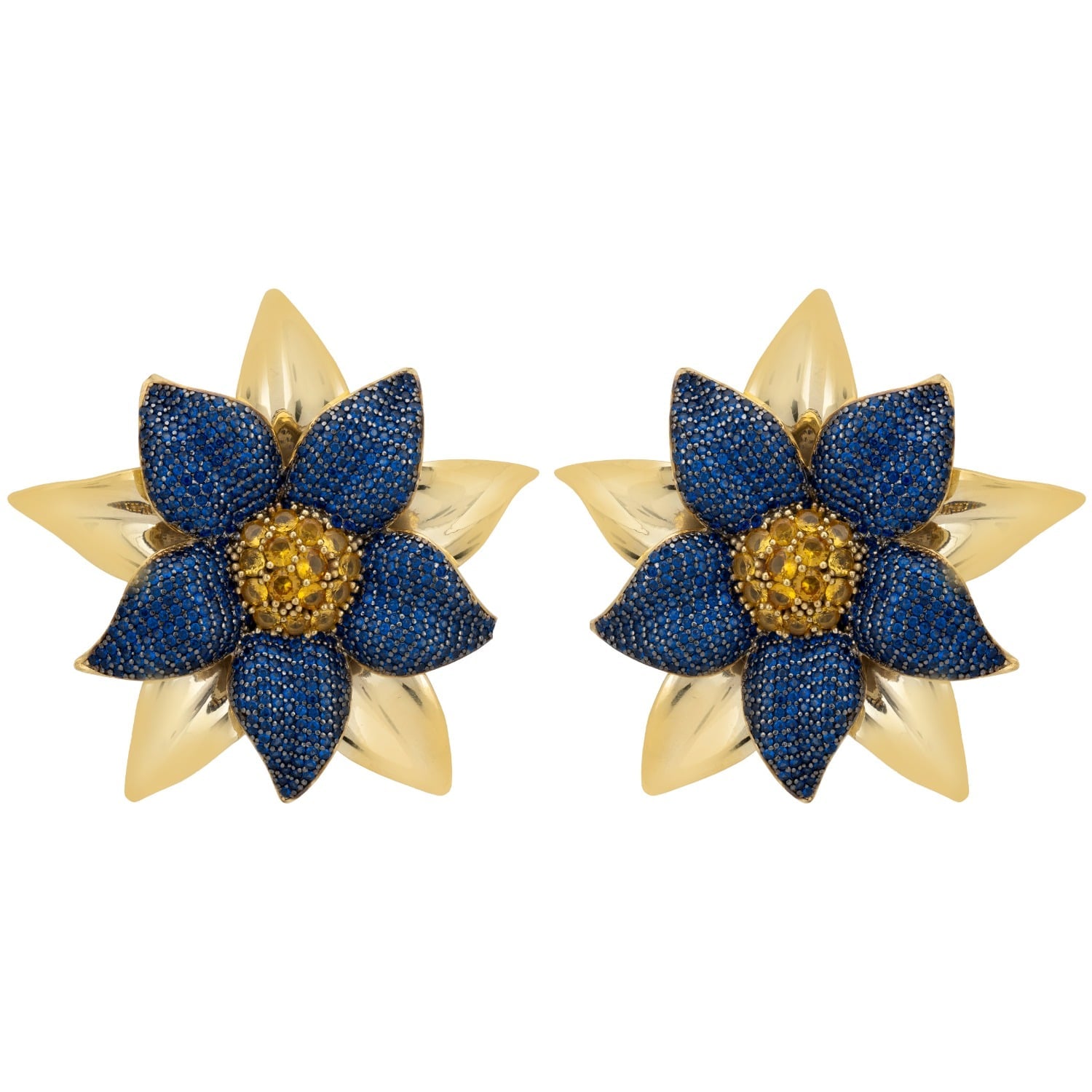 Marguerite Daisy Flower Large Stud Earrings Sapphire Gold