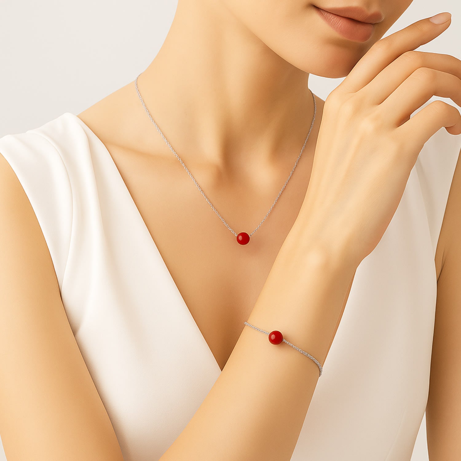 Marine Necklace Elegance – Coral Sphere And Sterling Silver Venetian Silver Chain