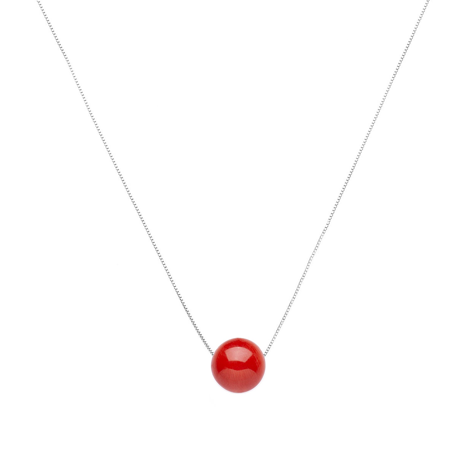 Marine Necklace Elegance – Coral Sphere And Sterling Silver Venetian Silver Chain