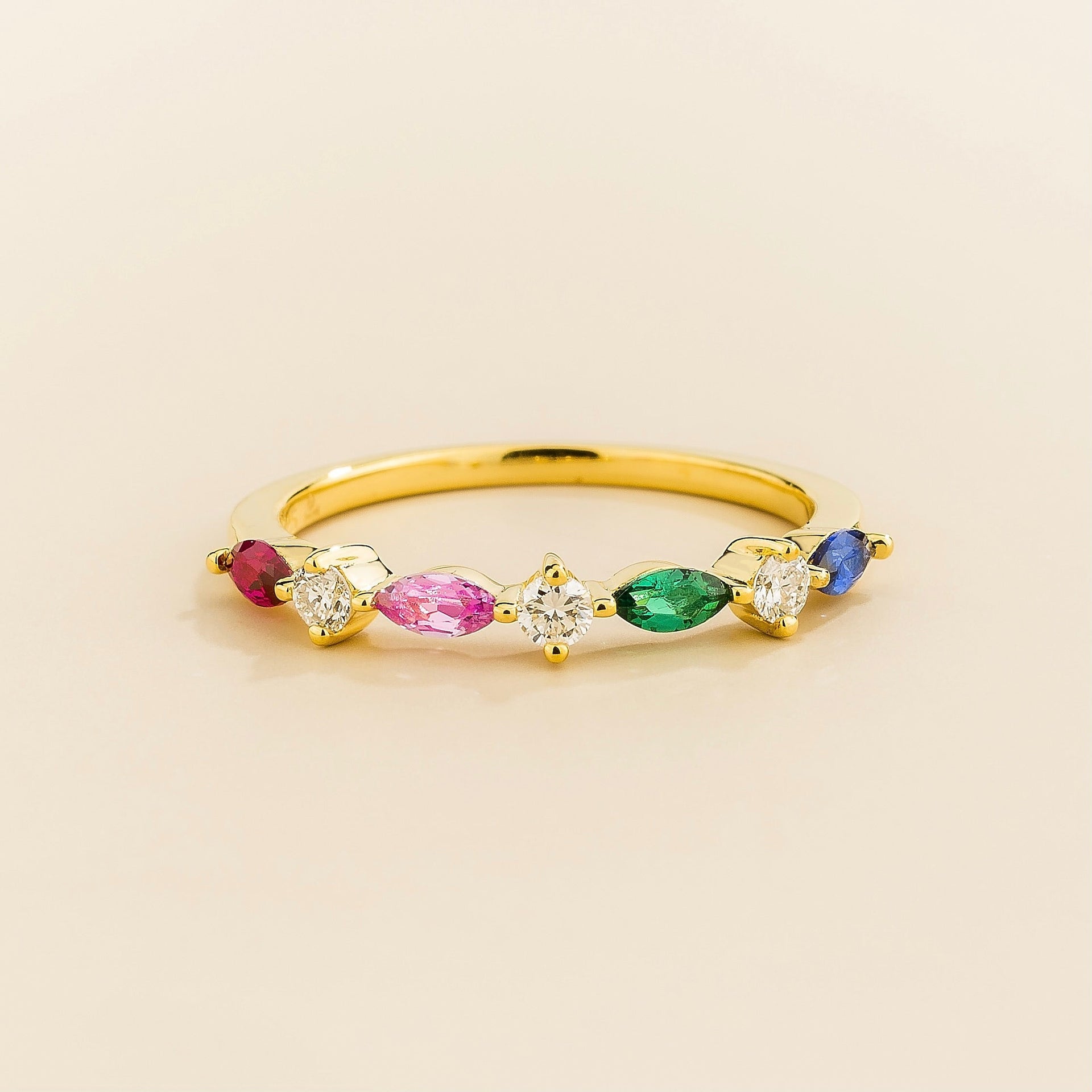 Markiz Gold Ring In Ruby, Pink Sapphire, Emerald, Blue Sapphire & Diamond