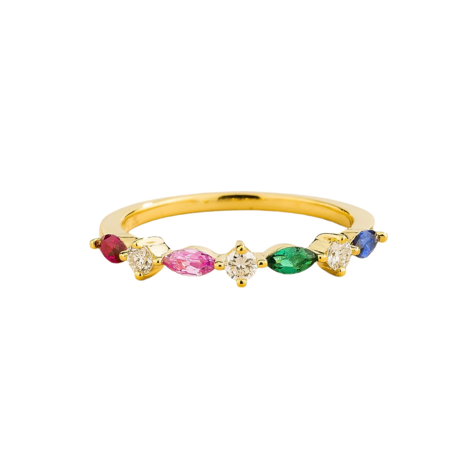 Markiz Gold Ring In Ruby, Pink Sapphire, Emerald, Blue Sapphire & Diamond