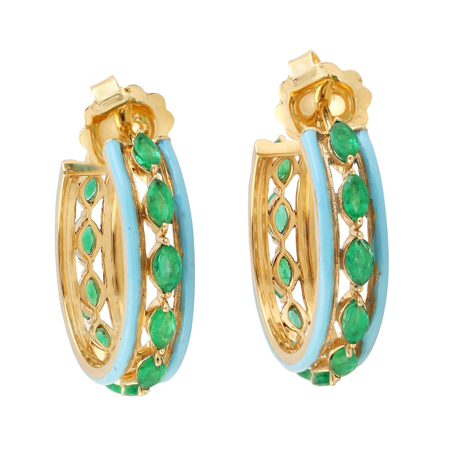 Marquise Emerald Gemstone Enamel Hoop Earrings In Yellow Gold